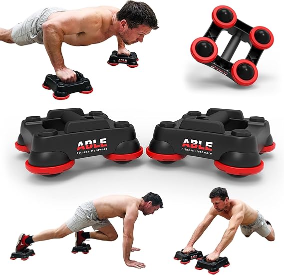 Patented ABLE Fitness System - Ab Roller Wheel, Push-Up Bars, Core Sliders, and Chest Workout Equipment (Sold As a Pair)