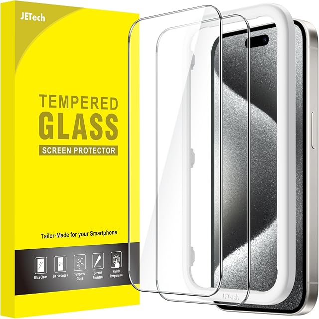 JETech Ochraniacz Ekranu dla iPhone 15 Pro 6,1 Cala, Bez Bąbelków, Screen Protector z Szkło Hartowane Film Folia z Narzędzie Łatwej Instalacji, Przyjazny dla Przypadku, HD Przezroczyste, 2 Sztuki