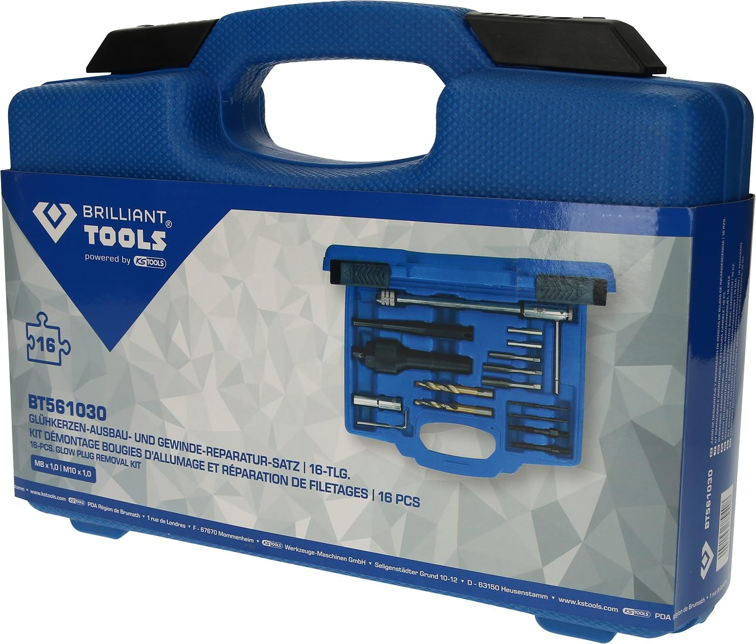 BRILLIANT TOOLS BT561030 Juego de desmontaje y reparación de roscas de bujías de incandescencia, 16 pzs [Powered by KS TOOLS]