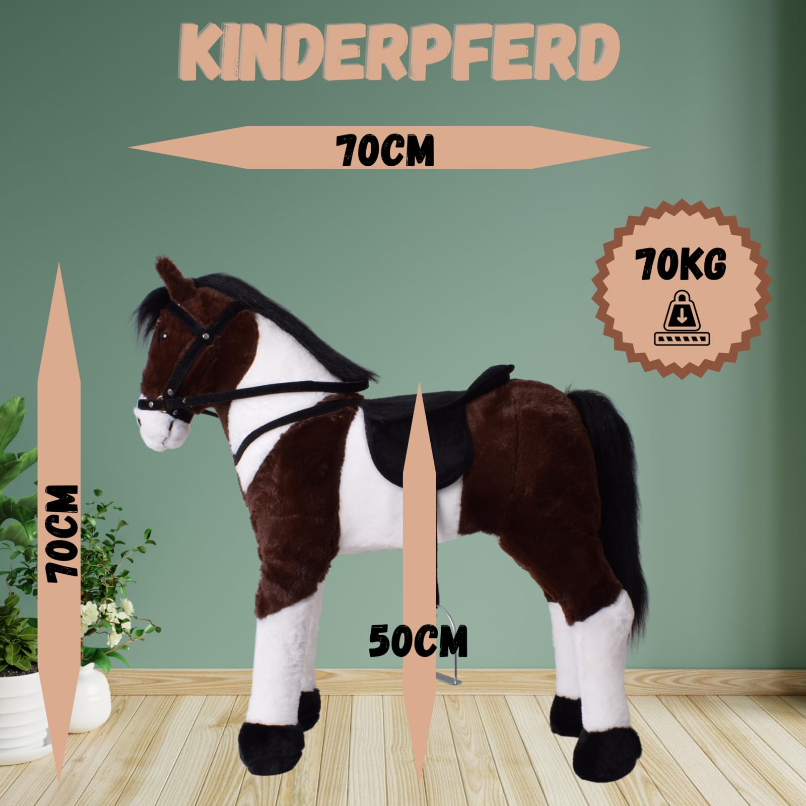 TE-Trend Pferd, 70 cm – Plüschpferd zum Reiten – Kinder Reitpferd mit Sattel, Zaumzeug und Steigbügel – Perfektes Reitspielzeug für Mädchen – Braun