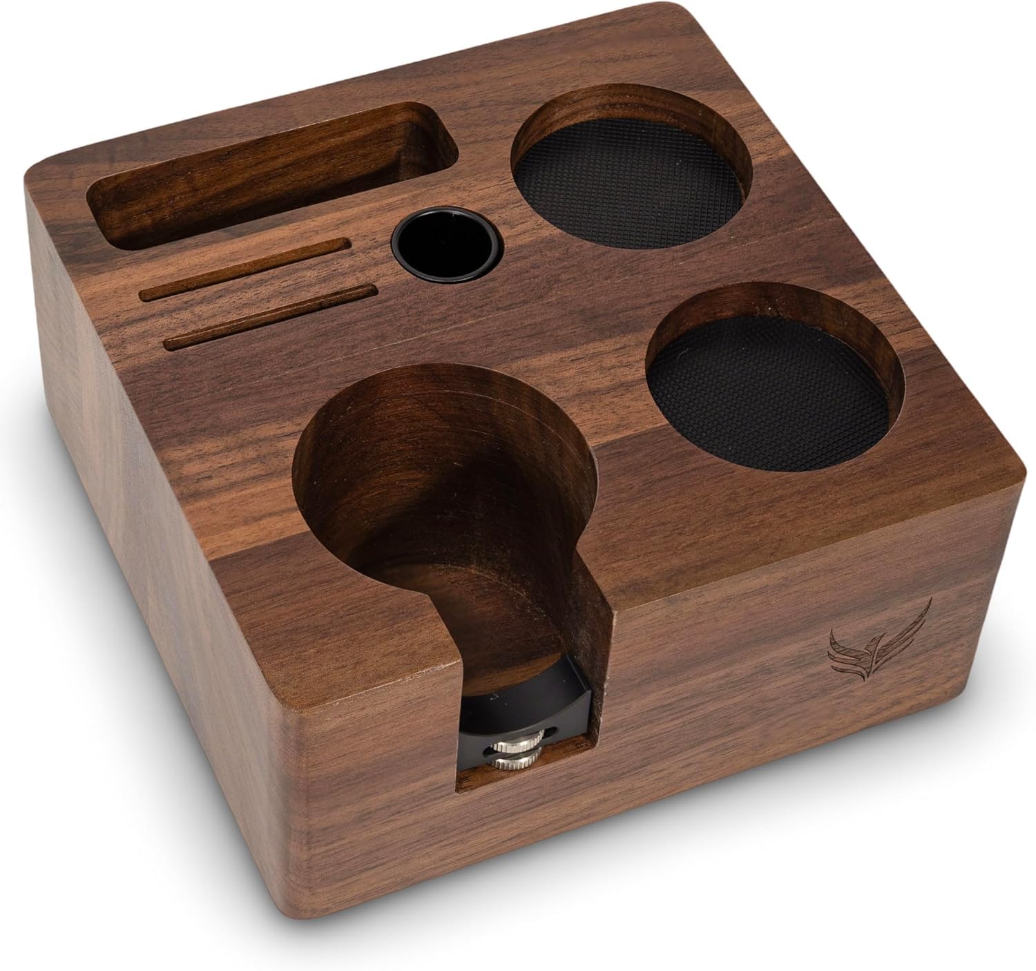 58mm Tamperstation Walnussholz – Espresso Tamping Station Siebträger Organizer mit Fächern für Tamper, Distributor, Dosing Funnel, WDT Tool und Puck Screen