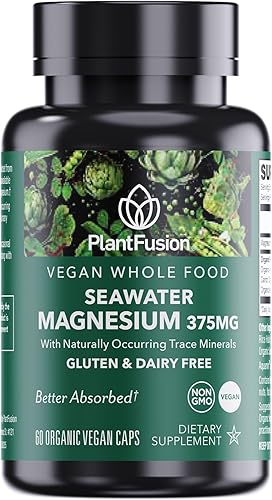 PlantFusion Complejo de magnesio vegano de 375 mg de agua de mar, magnesio marino biodisponible con mezcla de alimentos integrales orgánicos