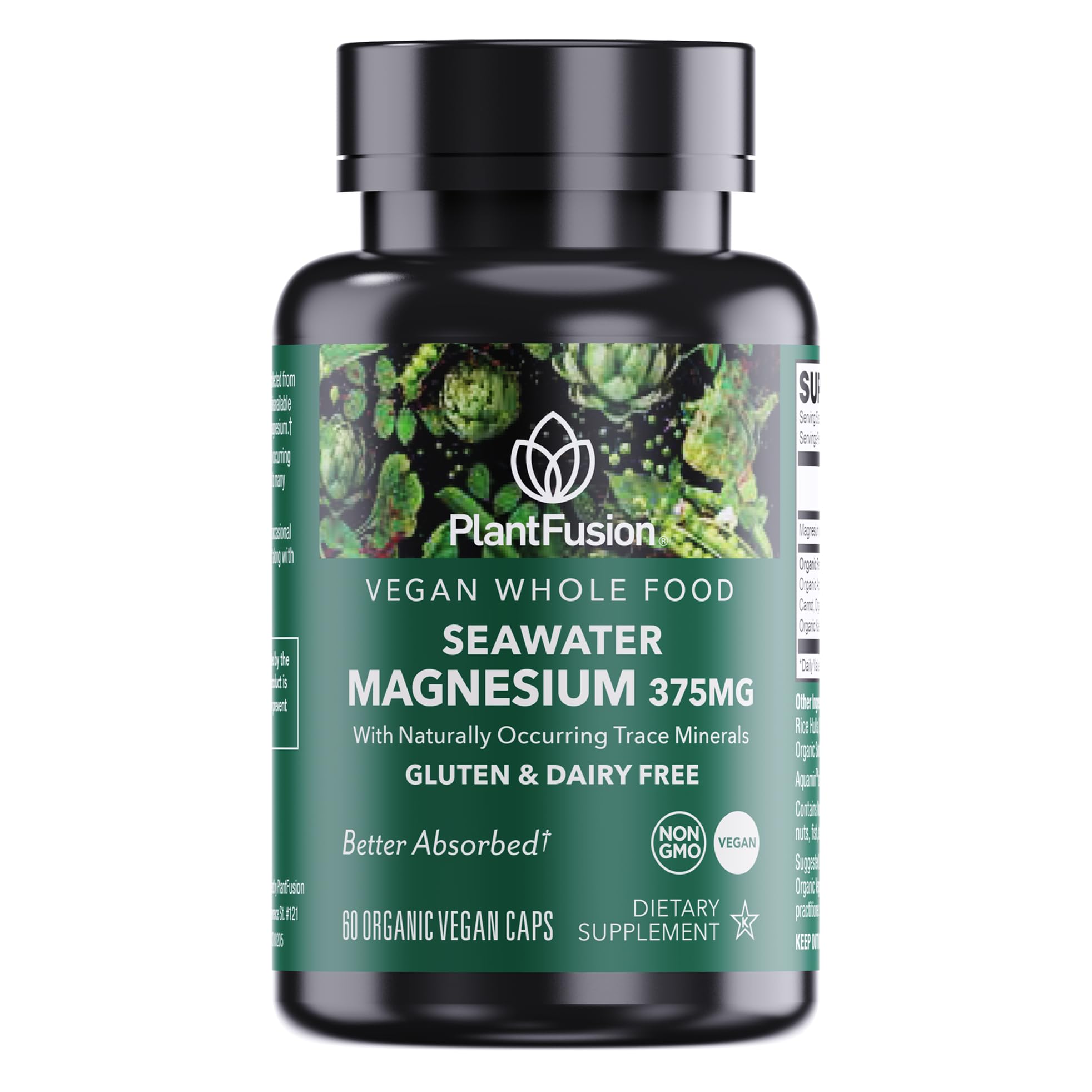 PlantFusion Vegan Magnesium Complex 375mg from Sea Water, Bioavailable Marine Magnesium with Fermented Organic Whole Food Blend, Non-GMO, Muscle & Relaxation Support, 60 Cap