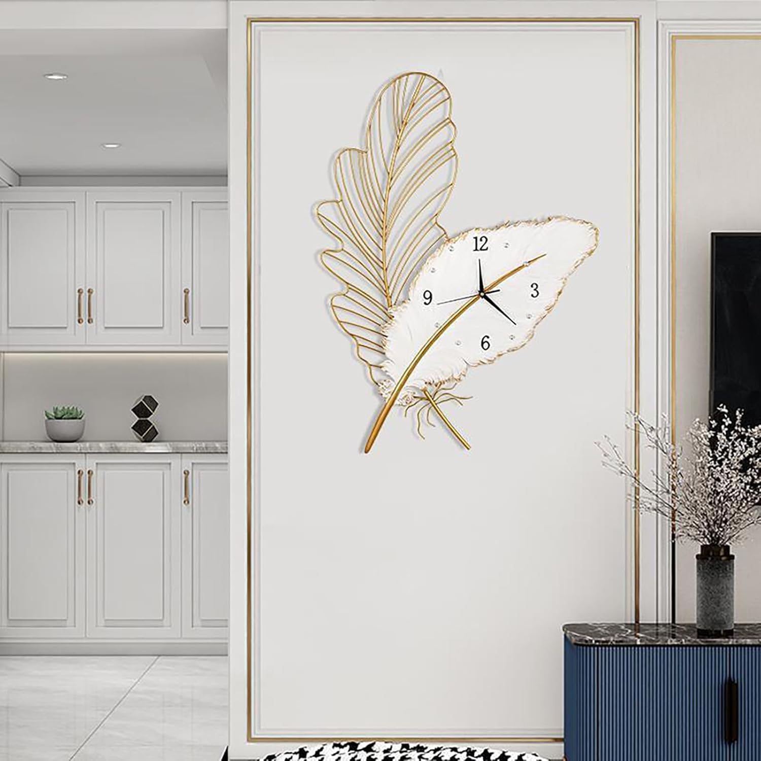 Genérico Reloj de Pared Grande para Decoración Moderna, Reloj Digital, Relojes de Pared Metálicos con Arte de Plumas, Reloj Silencioso de Lujo para Salón, Dormitorio, Oficina, Hogar