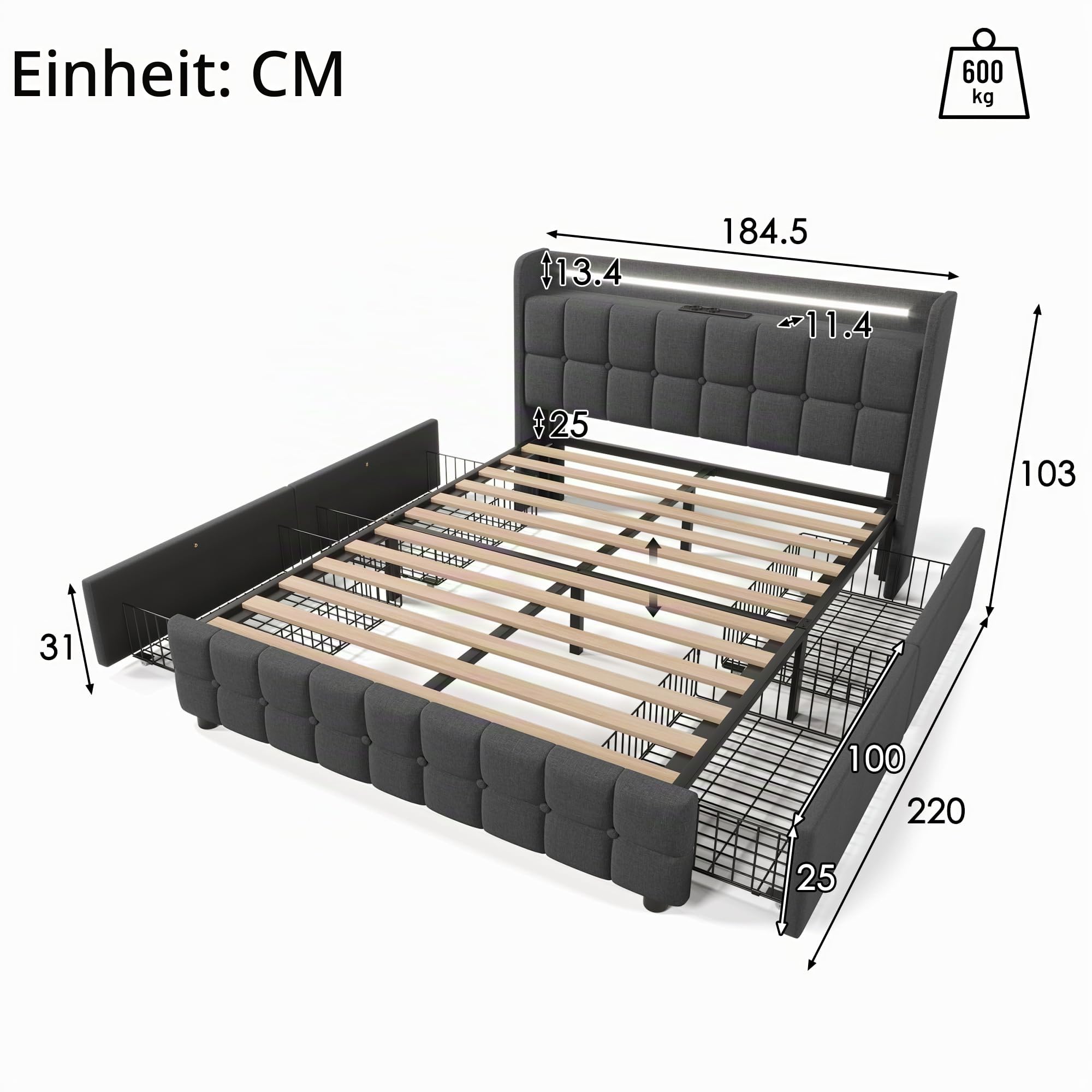 Polsterbett Doppelbett 180x200 cm, LED Jugendbett Stauraumbett Funktionsbett Bettgestell mit 4 Schubladen und Holz Lattenrost, Kopfteil mit USB Ladefunktion und Staufach, Leinen, Ohne Matratze, Grau