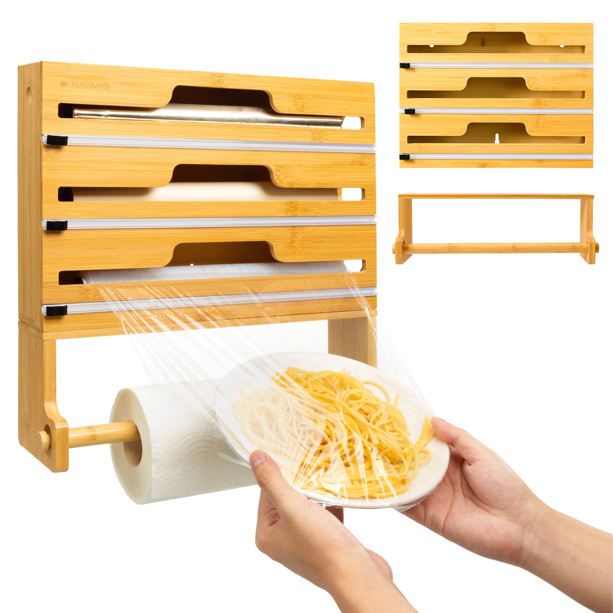 Navaris Brown 4 In 1 Cling Film Dispenser With Cutter - Space Saving Kitchen Roll Storage And Foil Organiser - Bamboo Tin Foil Baking Paper And Clingfilm Holder With Paper Roll Holder