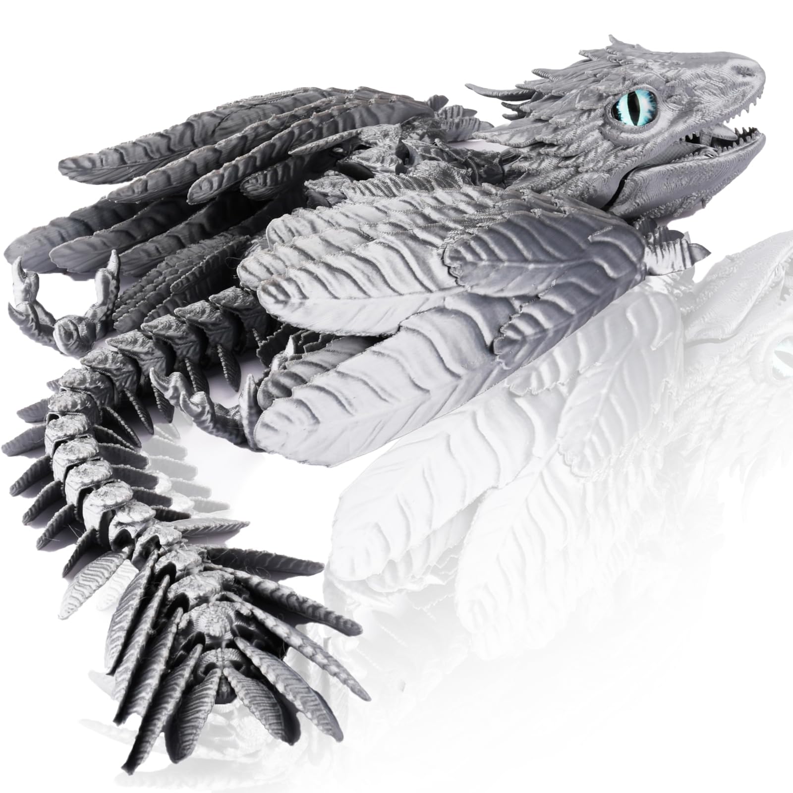 Makoike 3D Printed Dragon with Wings Feathered Wyvern Dragon Fidget Articulated Animals 3D Printed Toys Desktop Pet (Silver)