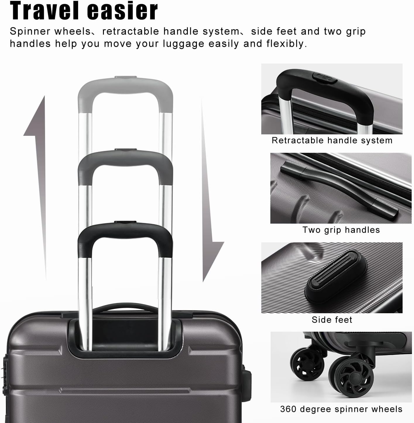 Coolife Luggage Suitcase Carry-on Spinner TSA Lock USB Port Expandable (only 28’’) Lightweight Hardside Luggage (Gray, S(20in_carry on)) - Image 4