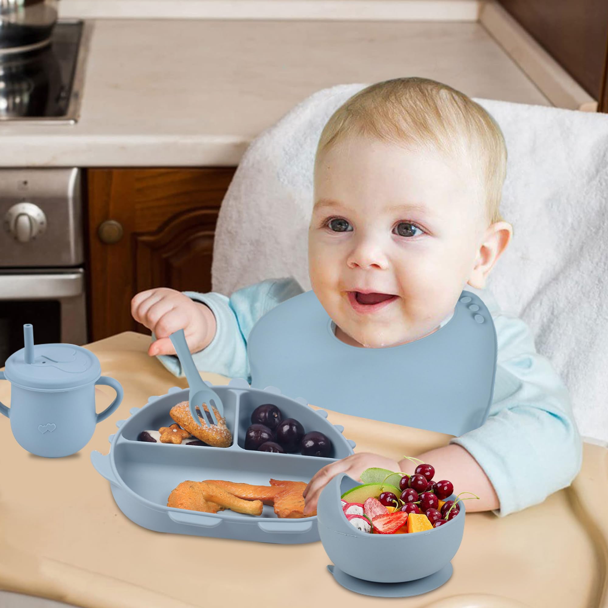 Assiette Bebe Ventouse Set Repas Bébé FILOWA 5 Pièces - Assiette & Bol Ventouse, Cuillère, Fourchette, Bavoir Silicone Sans BPA Assiette Bebe 1er Age
