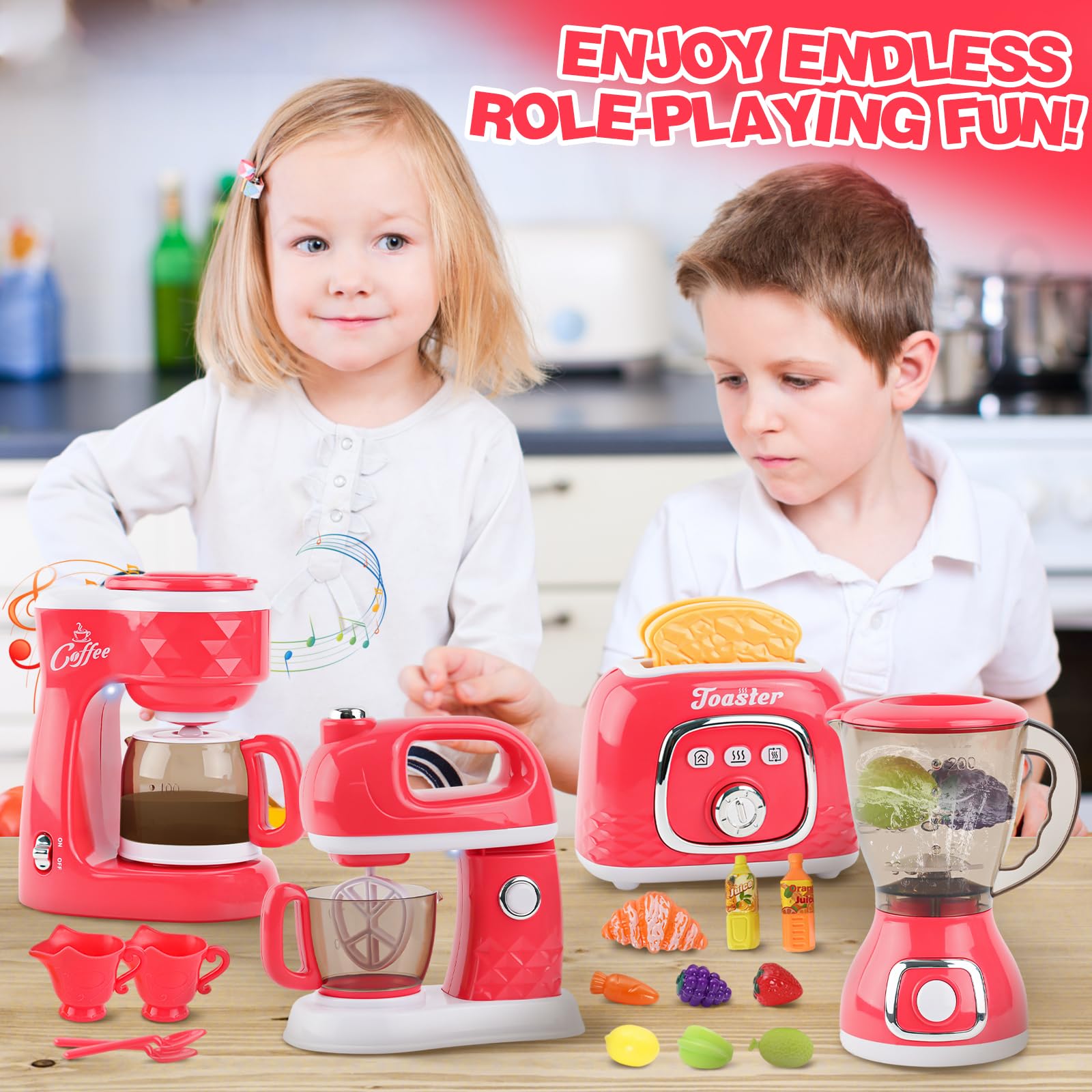 Ensemble d'appareils de cuisine pour enfants avec machine à café, mixeur, grille-pain, batteur, accessoires de cuisine pour enfants, jouets de cuisine de jeu avec aliments, avec lumière et son, jeux