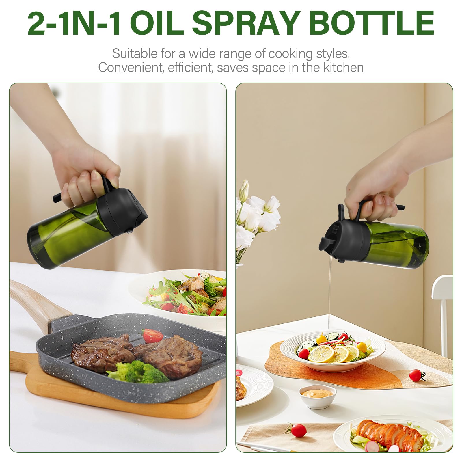 Spruzzatore Olio 2 In 1 Vetro | 470 Ml | Con Dosatore | Nero | Per Cucina Sana E Insalate - Foto 2