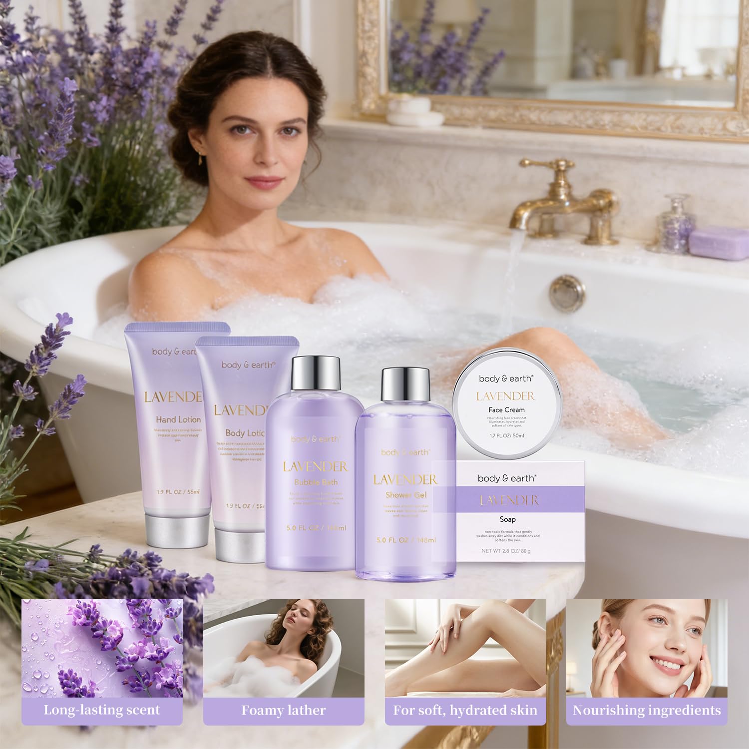 BODY & EARTH Bath and Body Gift Set - 6 Pcs Lavender Bath Kit for Women Spa Set, Perfect Birthday, Mother's Day, Valentine's Day Gift Set for Women Includes Bubble Bath, Shower Gel, Body Lotion - Image 3
