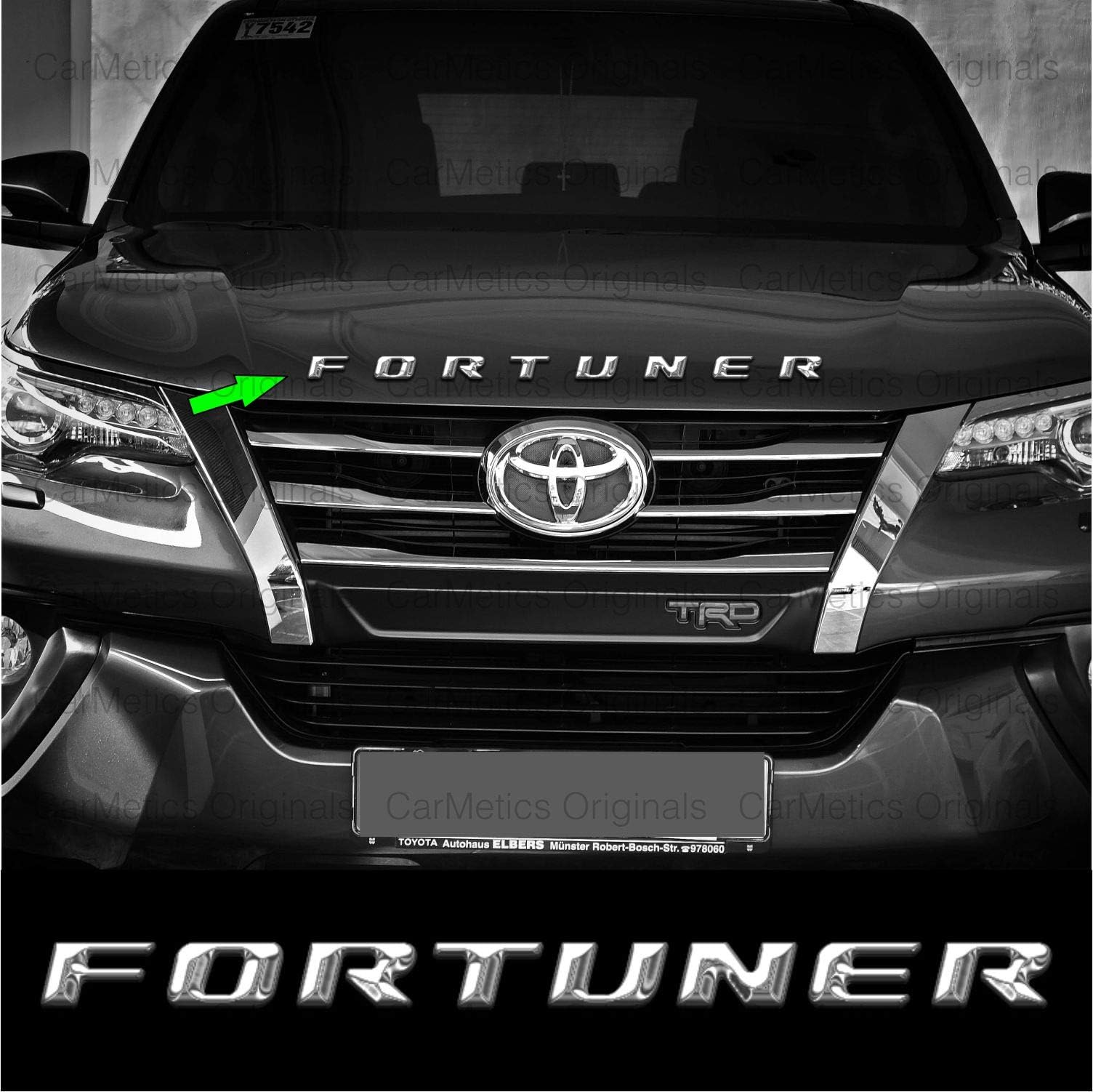 CarMetics Fortuner 3D Letters (3D Stickers 3D Logo 3D Emblem for Toyota Fortuner Bonnet, Dickey & Doors Accessories) – Chrome Finish – 1 Set