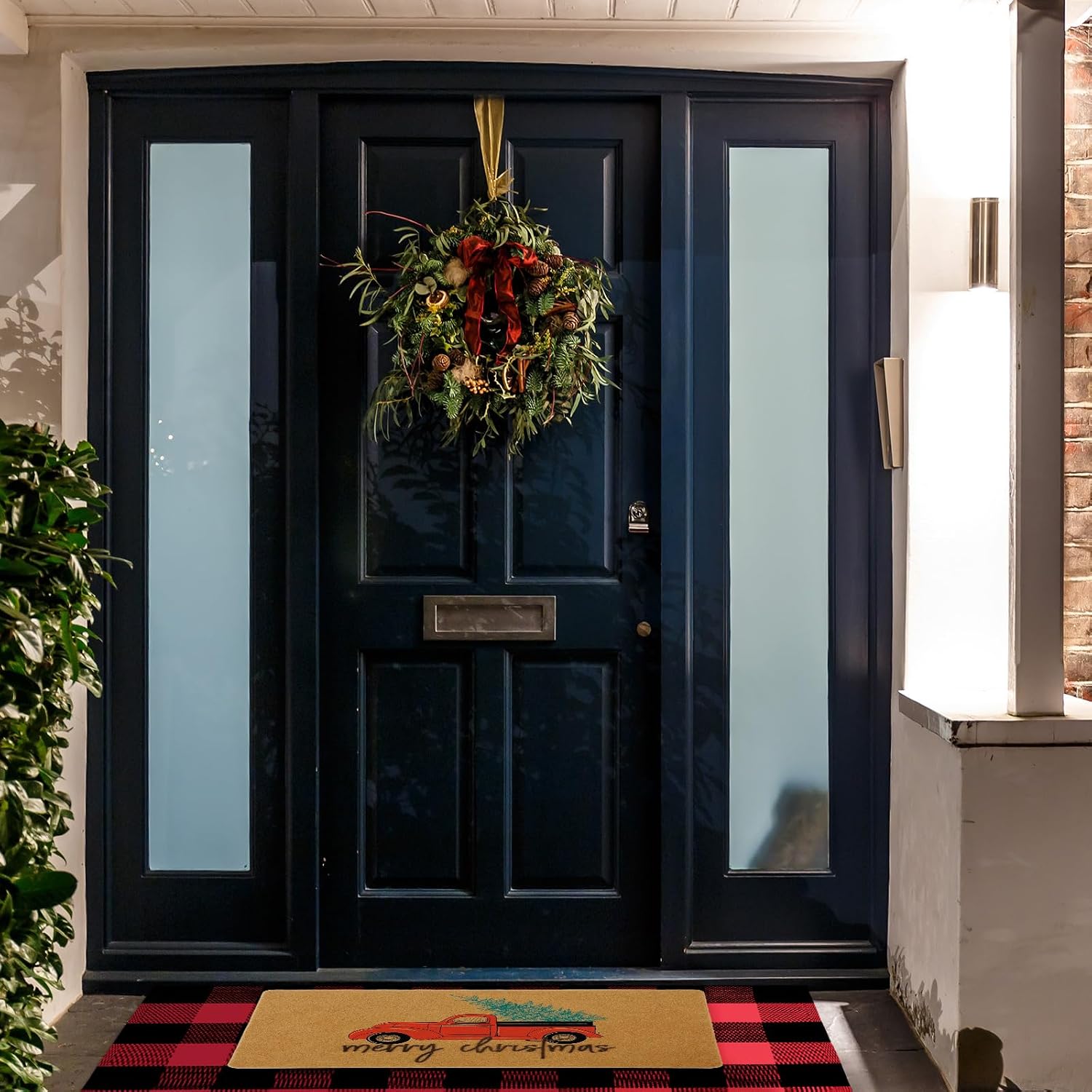 Ceenna Christmas Decor Doormat Combo Set Merry Christmas 17'' x 29'' Coir Welcome Mat and 23.6'' x 51.2'' Buffalo Plaid Rug Front Layered Door Mats Red and Black Entryway Patio Outdoor Decoration