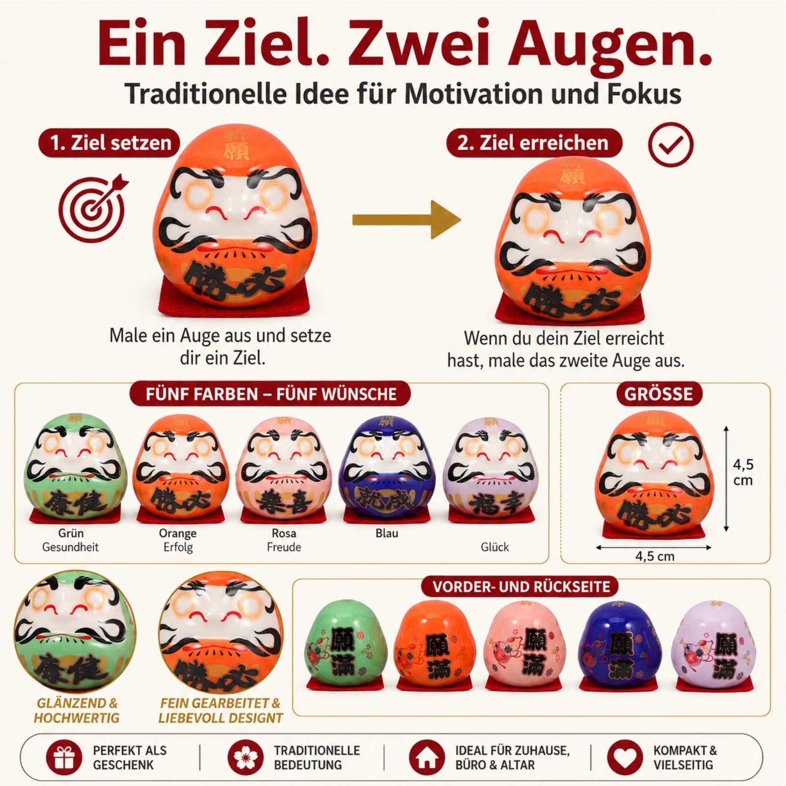 Zerodeko Juego de 5 muñecos japoneses de cerámica, amuleto de la suerte, figuras Bodhidharma en miniatura para el salpicadero del coche y el hogar, juego de decoración zen sin ojos para el éxito y la