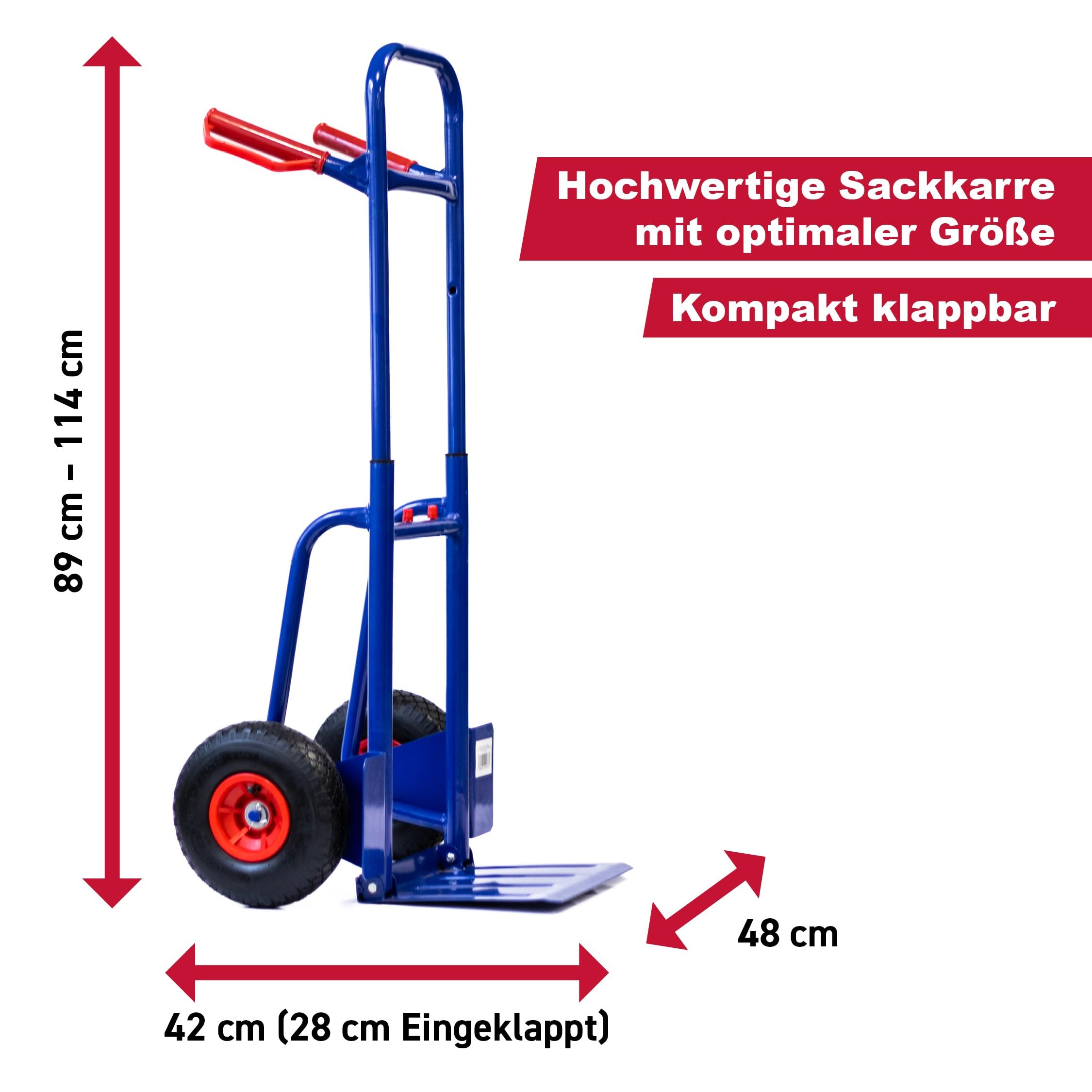 KOVA® Profi - Sackkarre klappbar & ausziehbar ca. 114cm - Luftbereifung max. 200kg Treppensteiger Stabil Transportkarre Stapelkarre Karre Treppensackkarre, 2X Sackkarrenrad mit Luftreifen