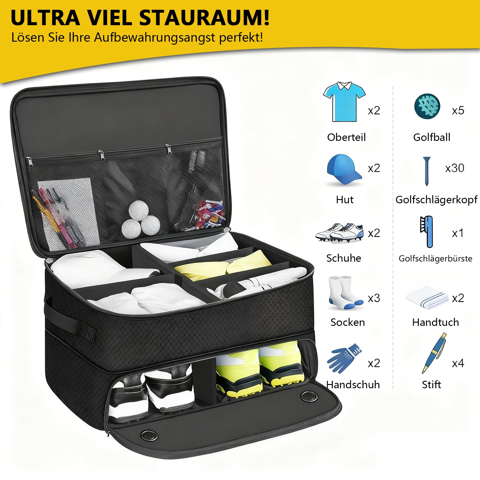Golf-Kofferraum-Organizer,2-lagiger Golf-Spind für Auto,16.99*12.9*9.84in Golf Trunk Organizer,Auto-Aufbewahrung für Golfzubehör,wasserdichter Auto-Golf-Schließfach mit separatem, belüftetem