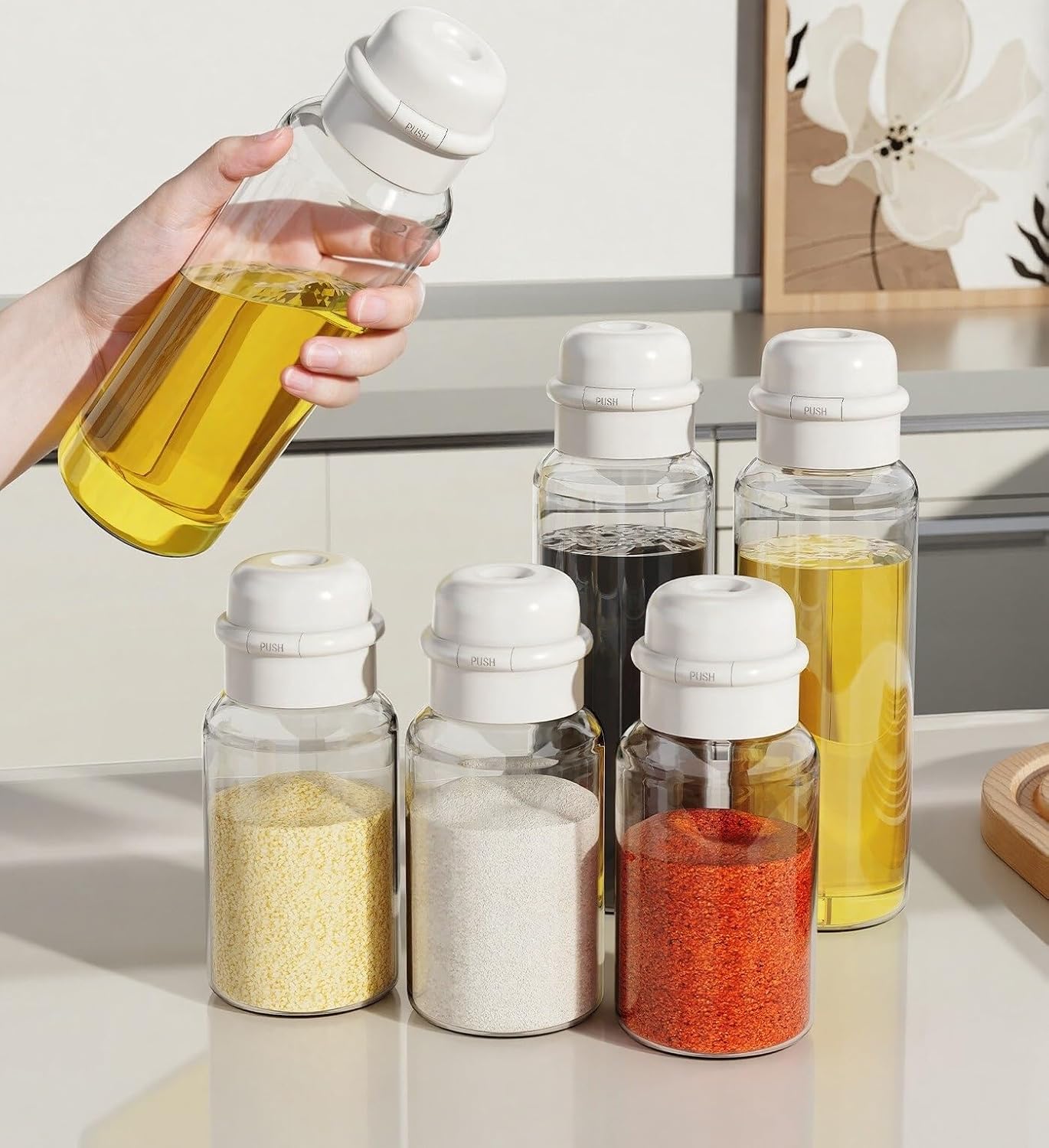 Glass Spice Jars With Lids Press-Type Airtight Seasoning Containers 2 Sizes Clear Storage Bottles For Kitchen Salt Sugar Pepper Oil Vinegar Dispensers High Borosilicate Bottle(3 piece set,280ML)