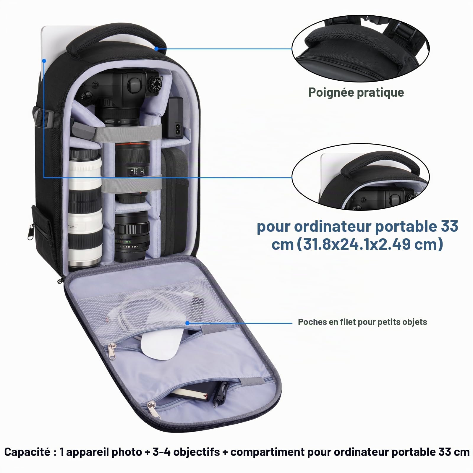 MOSISO Sac Dos Appareil Photo,DSLR/SLR/Mirrorless Photographe Sac Appareil Photo Plein Ouvert Étanche Étui Rigide avec Ordinateur Portable Compartiment,Compatible avec Canon/Nikon/Sony,Noir