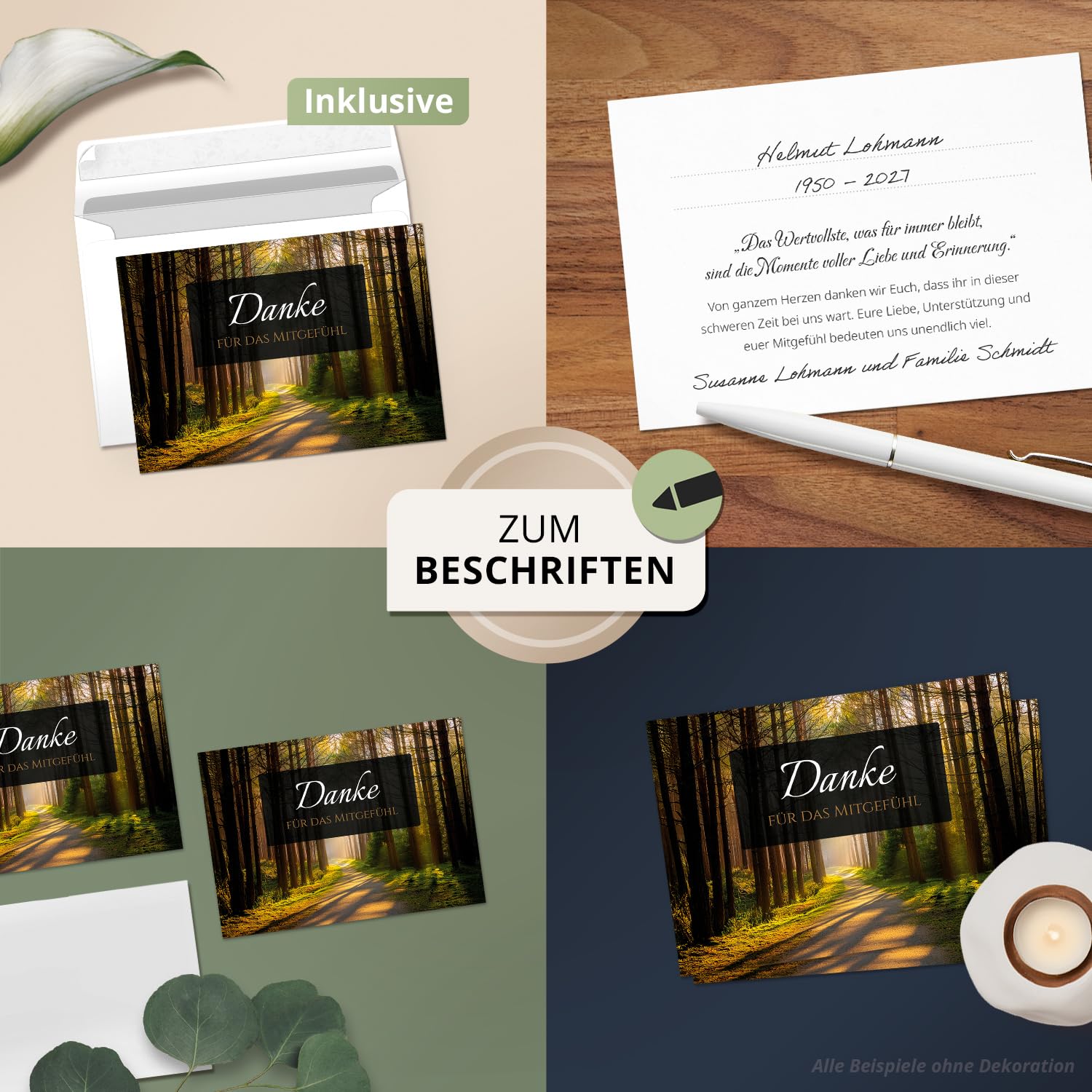 Einladungskarten Manufaktur Hamburg 40 Trauer Danksagungskarten ausfüllbar mit Umschlag - Danke Trauerkarten Postkarten Beerdigung Ausfüllen mit Text Motiv Friedwald Baum Lichtung Wald