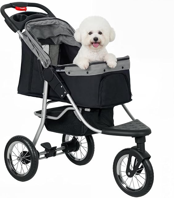 PawHut Pet Stroller for Small Dogs, 3 Rubber Wheels Pet Jogger, One-click Easy Folding All-Terrain Dog Stroller, Adjustable Canopy, Zippered Mesh Window Door, Storage Basket, Grey