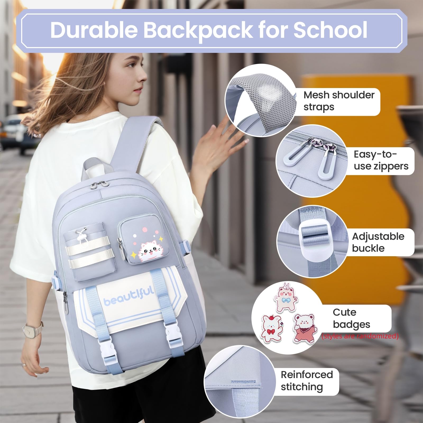 IvyH Sac A Dos pour Enfant Adolescentes Cartable Fille Primaire, Kawaii Sac D'école pour Fille Garçon 8 10 à 16 ans, Sac Ecole Léger et Imperméable, 30x20x46 cm, Bleu