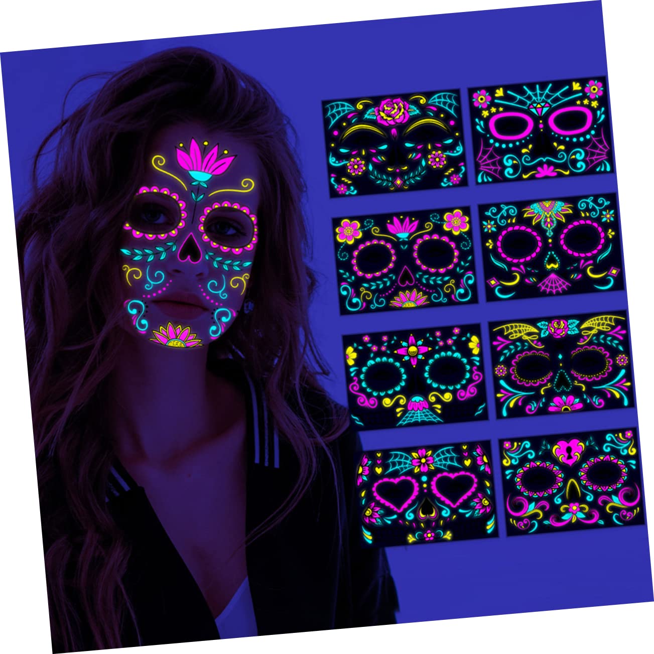 Angoily 32blätter Halloween Tattoos Aufkleber Fluoreszierende Gesichtstatoos Für Erwachsene Temporäre Körperaufkleber Für Kostüme Und Partys Und Hautfreundlich