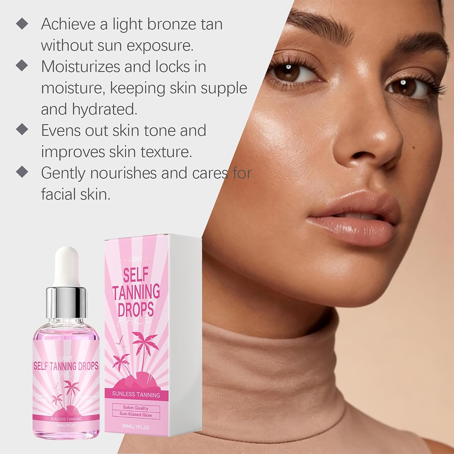 Face Tanning Drops – Self Tanner for Face & Body, Buildable Medium Glow, Fake Tan Drops with Coconut Oil, Streak-Free Sunless Tanner 30ml
