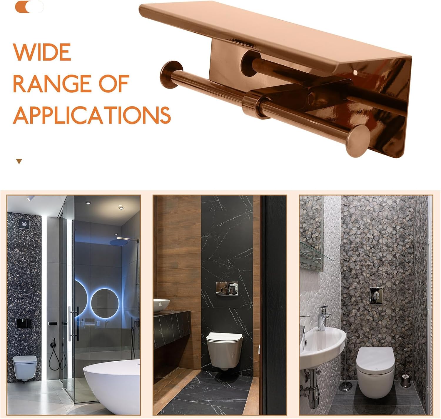 Kisangel Brushed Gold Stainless Steel Double Rod Toilet Paper Holder Tissue Rack with Phone Shelf Bathroom Wall Mounted Roll Paper Rack Organizer for Home and Hotel