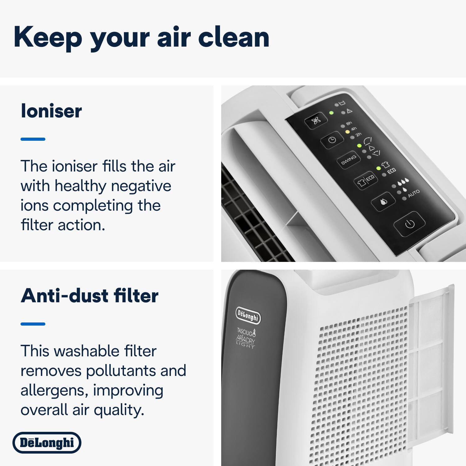 De'Longhi Tasciugo AriaDry Light DNS65, Déshumidificateur d'Air Maison, Enlève 6 litrów par Jour, Laundry Fonction, timer 8h, technologia Zéolithes, 34 decibels, 520 W, szary