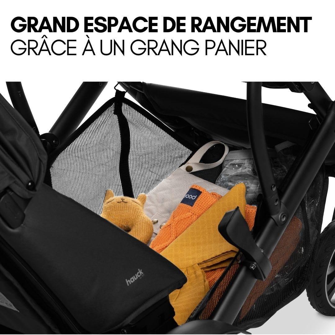 hauck Poussette Double Duett 4 - pour 2 Enfants, Tandem Superposé, Couvre-Jambes, Protection Pluie, Siège Convertible en Nacelle, Compacte, Jusqu'à 36 kg - Noir