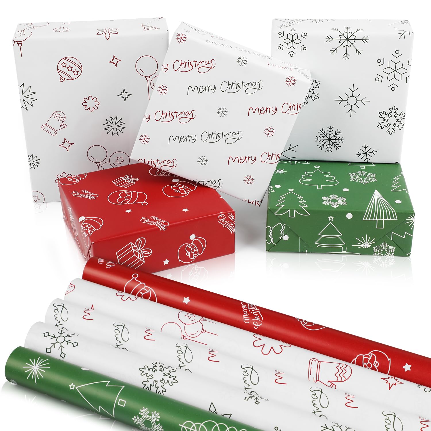WRAP STORM Christmas Wrapping Paper – 5 Rolls (43 x 300cm Each) – Santa, Trees, Snowflakes & Baubles Designs – Gift Wrap for Xmas & Holiday Presents