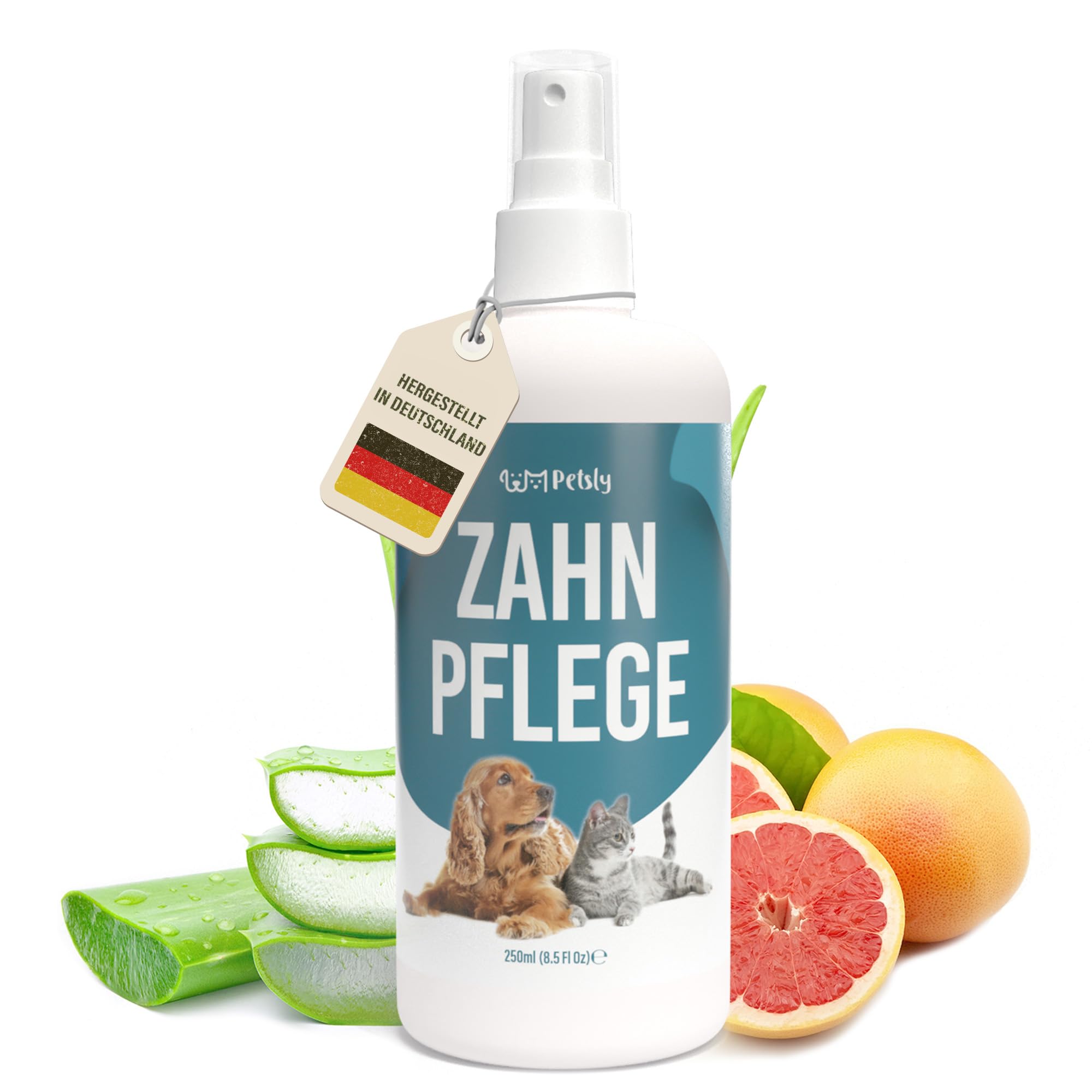 Petsly® Dentalspray für Hunde & Katzen -250 ml- Frische Minze - Kein Spülen oder Bürsten - Gegen Zahnstein und schlechten Atem - Zahnpflege Hund & Katze mit 3-fach Wirkung