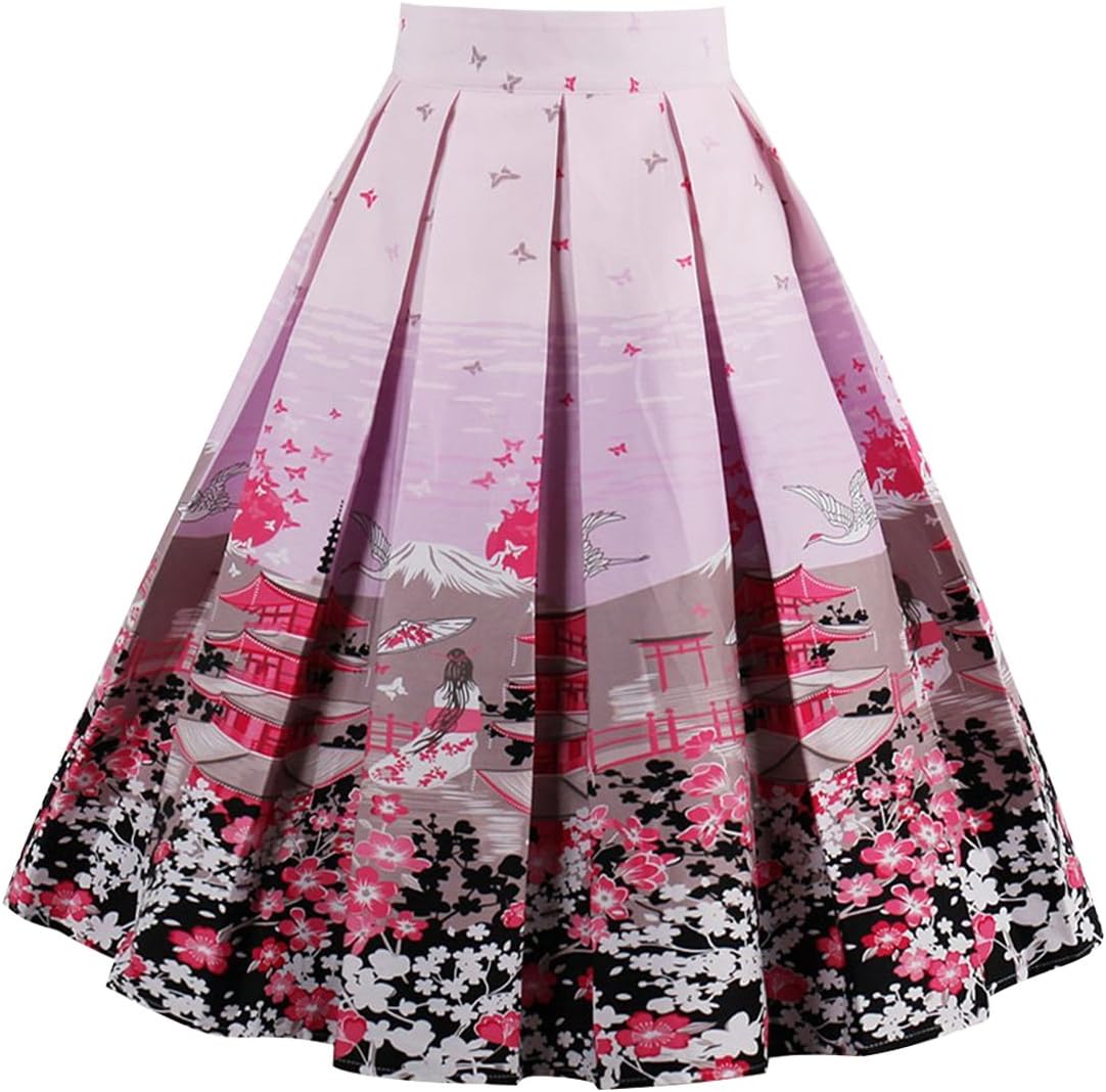 Women's Pleated Vintage Skirt Floral Print A-line Midi Skirts with Pockets