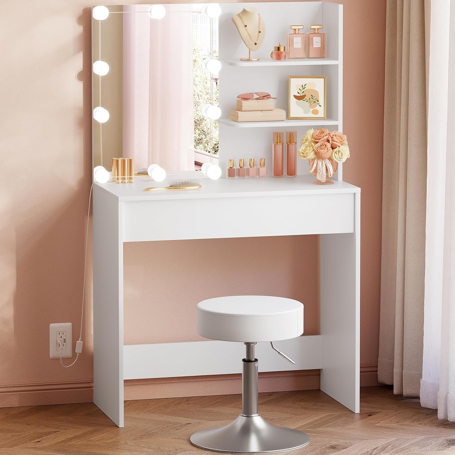 WOLTU Tocador Maquillaje con Espejo y Luz, Mesa Tocador con Taburete, con Cajon Grande y 2 Estantes, Espejo con 10 Bombillas LED, Blanco, 75x40x136 cm, MB6113ws