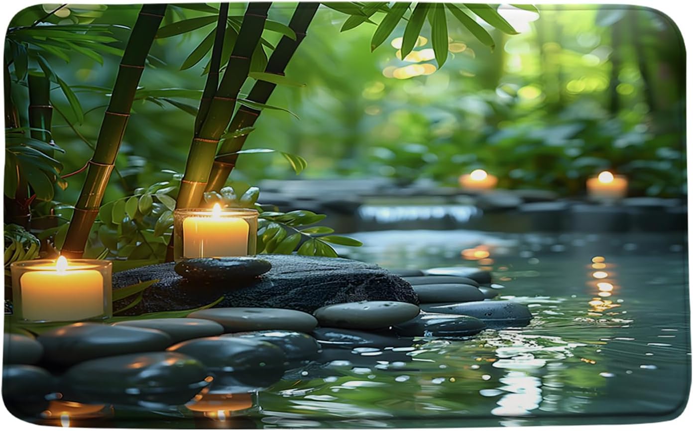 4pcs Zen Spa Shower Curtain Set Bamboo Stone Candle Nature Water Reflection Calming Meditation Fabric Bathroom Decor Set with Rugs and Hooks