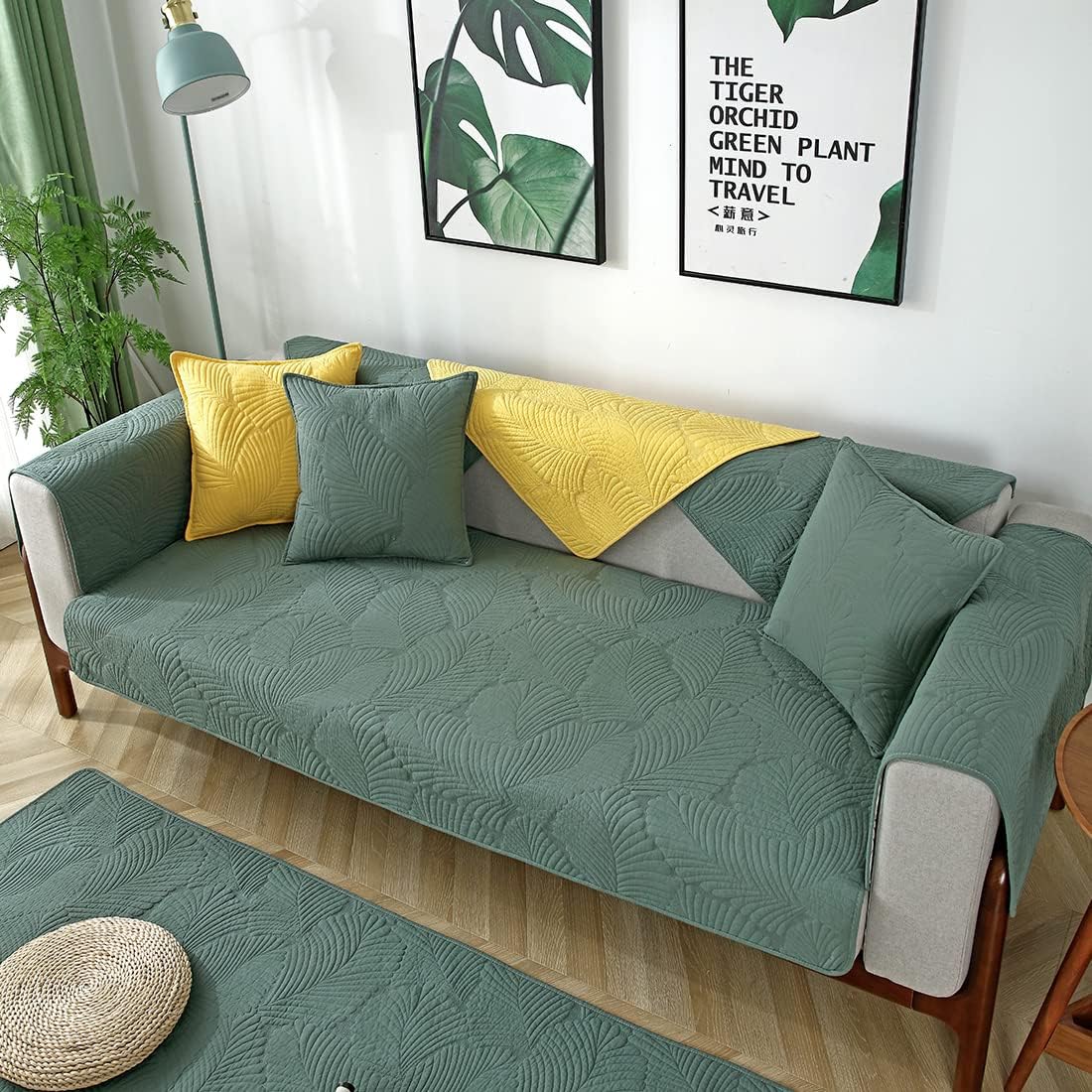 Solid Color Leaf Cotton Quilted Sofa Covers Anti-Slip Soft Sectional Couch Cover Washable Sofa Slipcover for Dogs Cats Pet (Green,28''x70'')