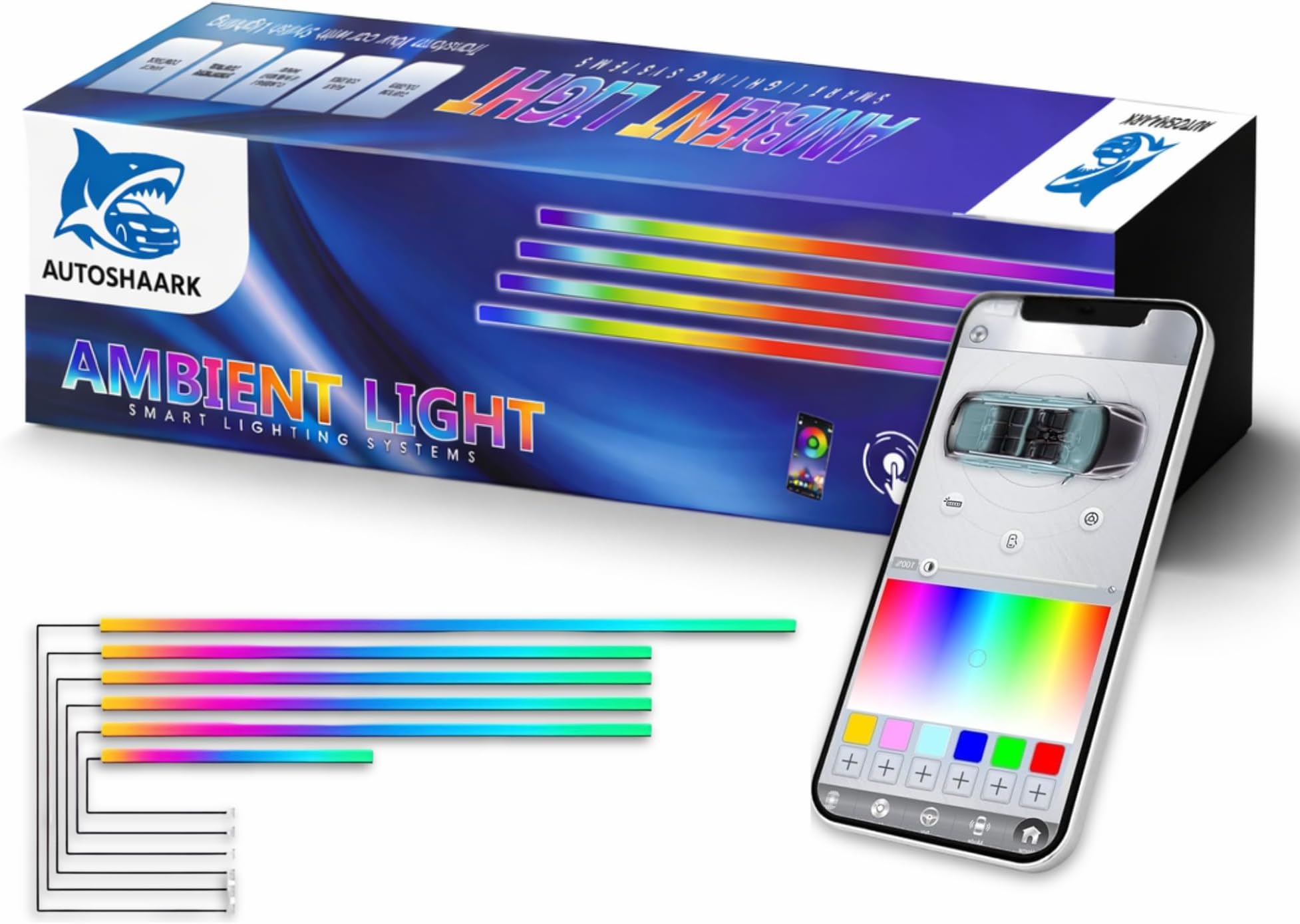 Car Interior Ambient Light 6 in 1 Multi-Color Matrix Interior Ambient Lights for Car | App Controlled LED Dashboard & Door Neon Strips |16M Colors, Bluetooth Control (Pack of 6)
