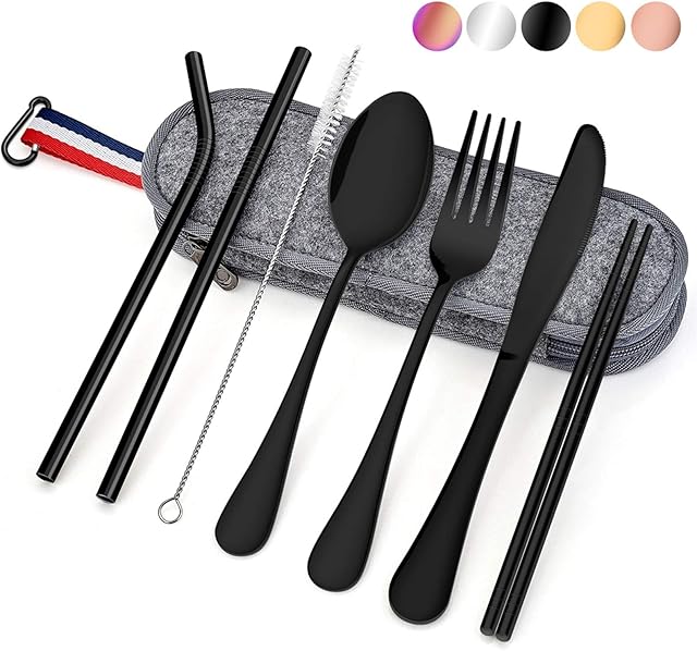 8 Piece Travel Cutlery Set, Homikit Stainless Steel Camping Picnic Cutlery Sets, Portable & Reusable Travel Utensils Include Fork, Knife, Spoon, Straws, Chopsticks, Cleaning Brush, Carrying Case