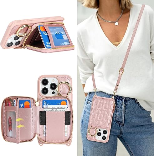 Miniatura 24 de Funda tipo cartera con bandolera para iPhone 15 Pro Max, funda de piel sintética con cierre de cremallera, funda tipo atril con ranuras para Oro