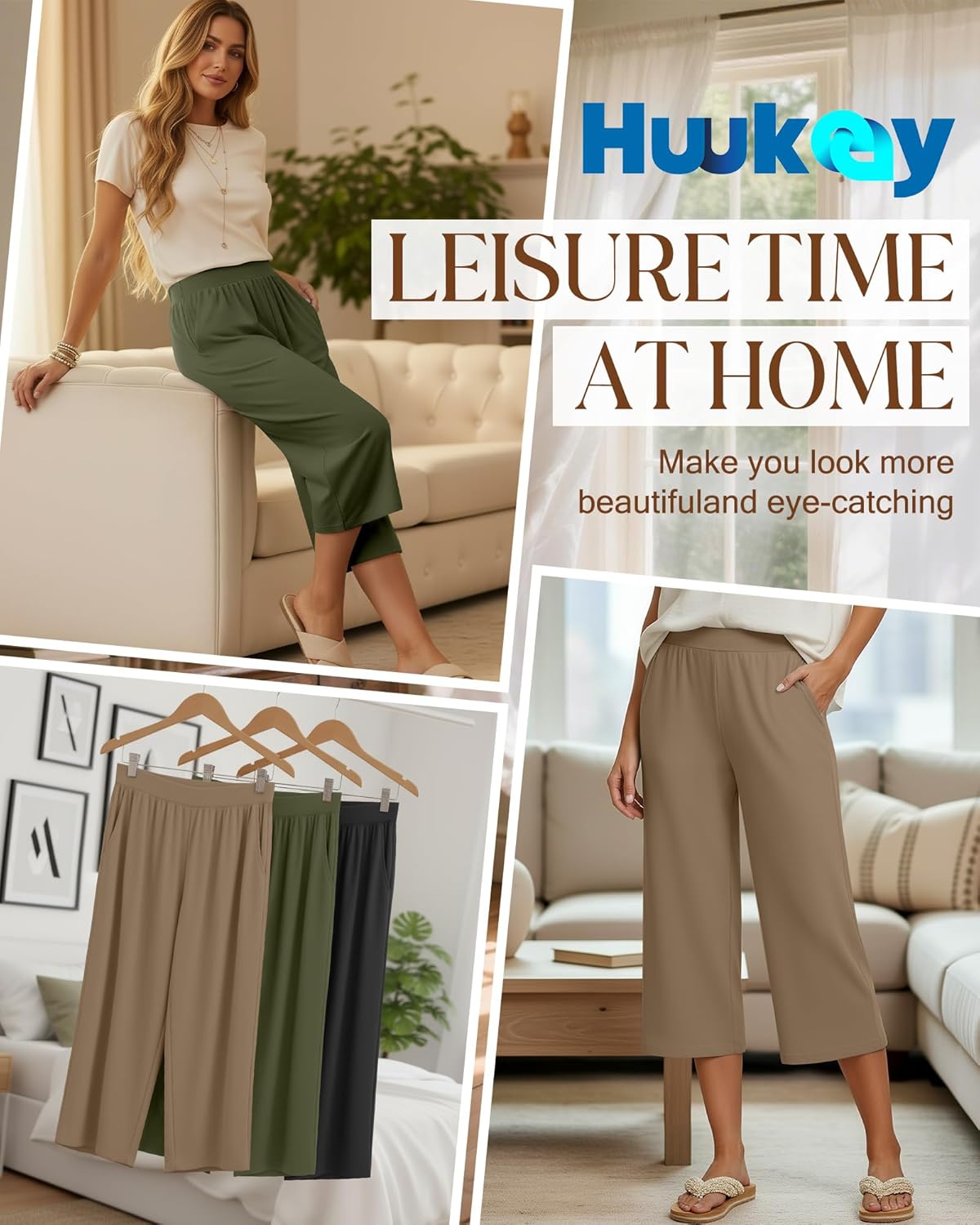 Huukeay 3 Pack Women's Capri Sweatpants, Cozy Wide Legs Cropped Capri with Pockets, Lounge Jogger Pants Workout Yoga Solid - Image 3