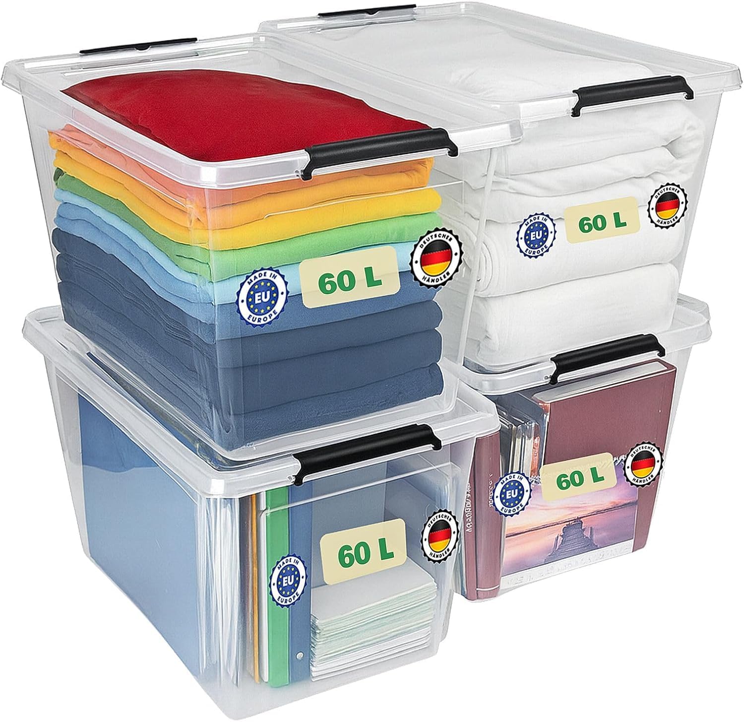 astor24 [Test SEHR GUT, NOTE 1.1] Aufbewahrungsboxen mit Deckel, 4x 60 L, transparente Boxen, lebensmittelechte Stapelboxen, Ideale Aufbewahrung für Büro, Kinderzimmer, Kleiderboxen, Küche, Werkstatt
