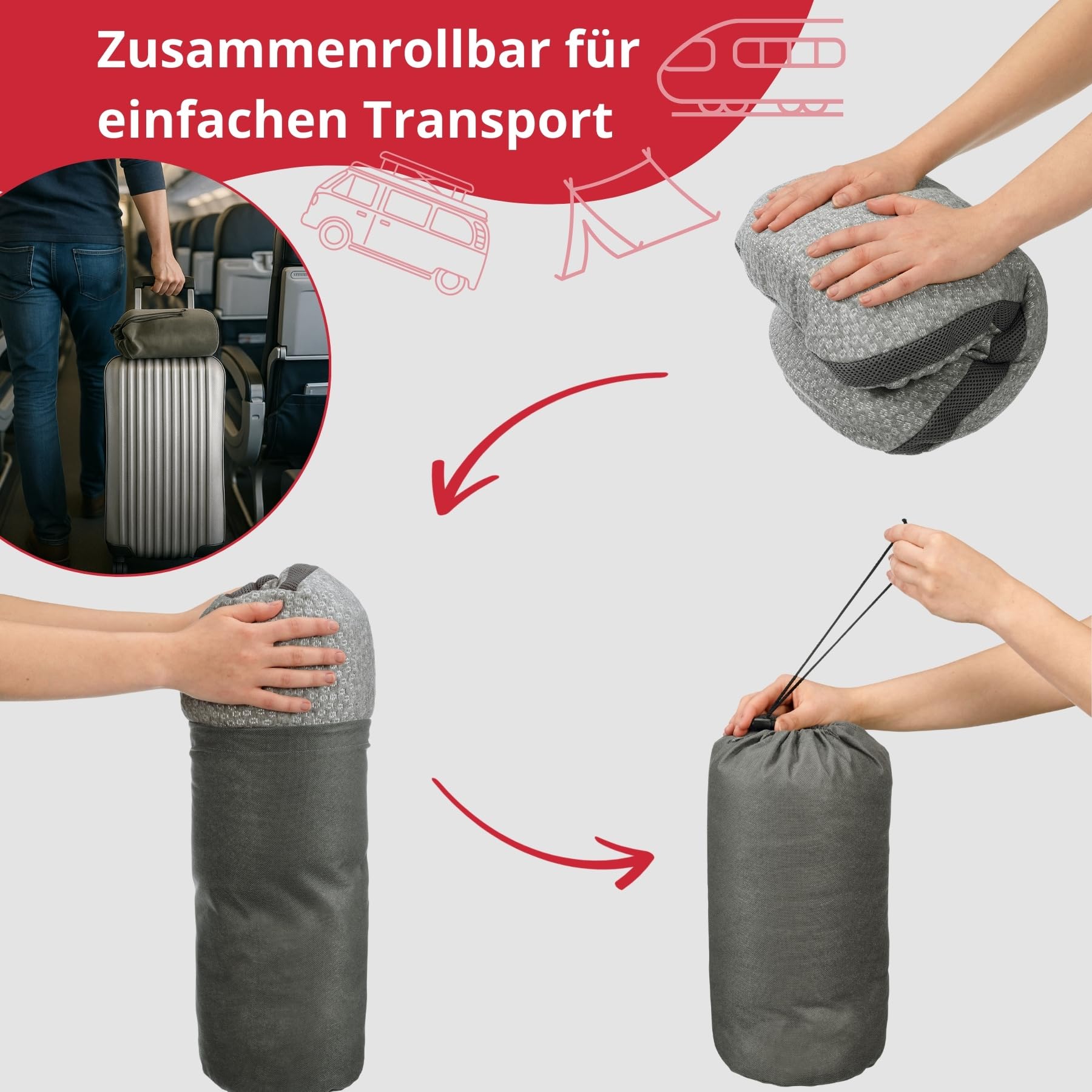 liebling Reisekissen, Campingkissen mit Tasche, Nackenkissen, Kissen für Reisen, Flugzeug, Camping, Auto, Pillow mit Travel Bag, Memory Foam Kopfkissen, Made in EU, Waschbar, Grau