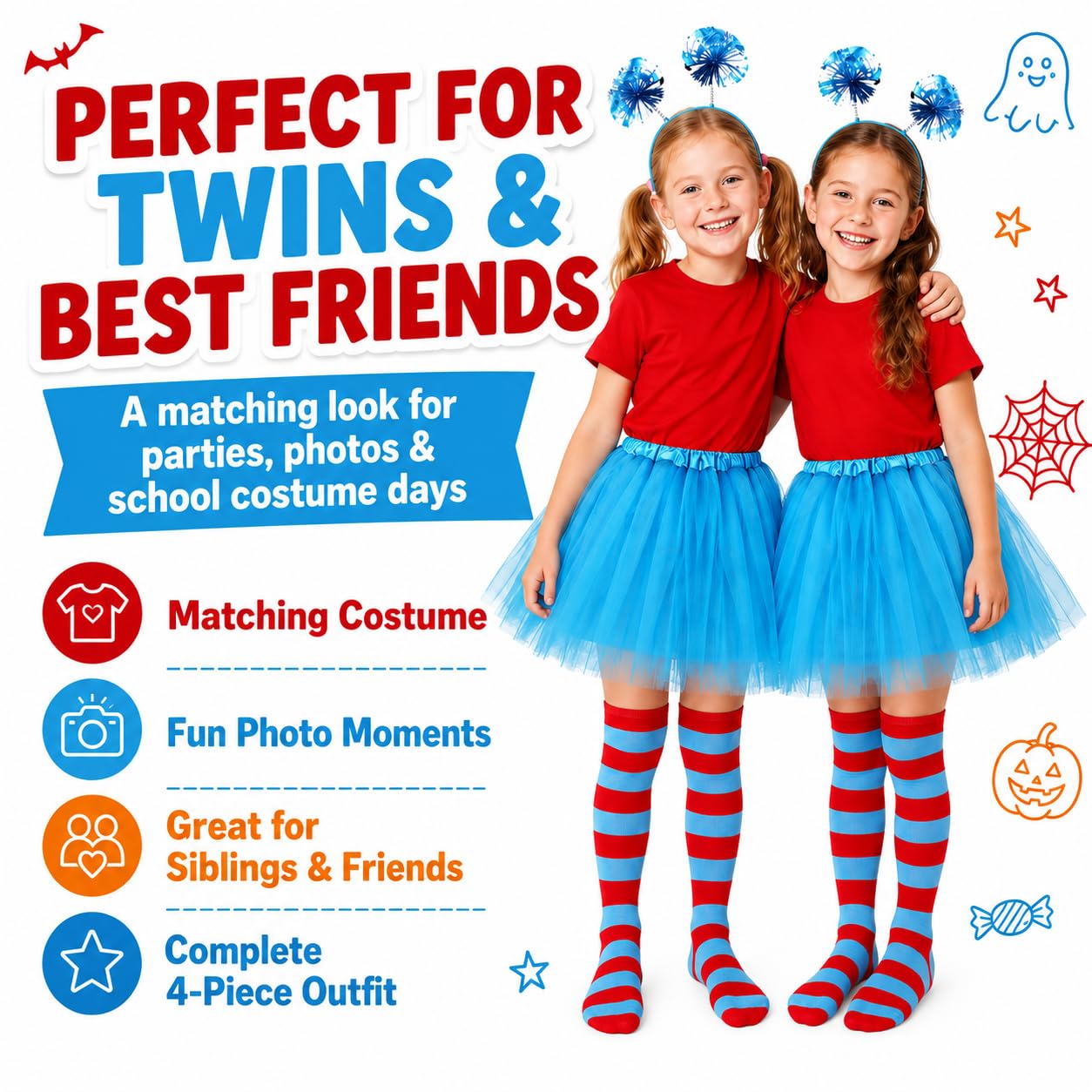 Conjunto de accesorios para disfraz de tutú de tul para niña, camiseta roja, falda tutú, calcetines altos a rayas hasta el muslo, diadema azul