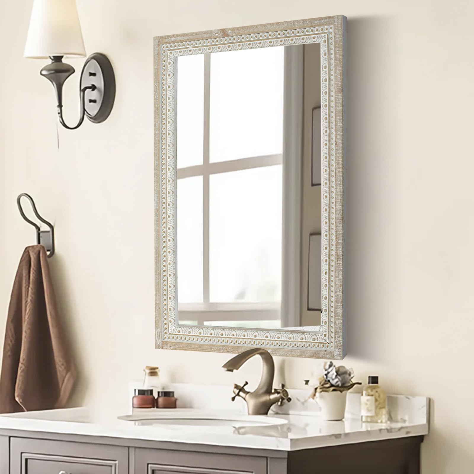 Reflinto36x24 Inch Wooden Rectangle Bathroom Mirror, Rustic Decorative Wall Mirror for Over Sink, Living Room, Entryway, Boho Farmhouse Mirror with Beaded Frame (Horizontal/Vertical Mounting)