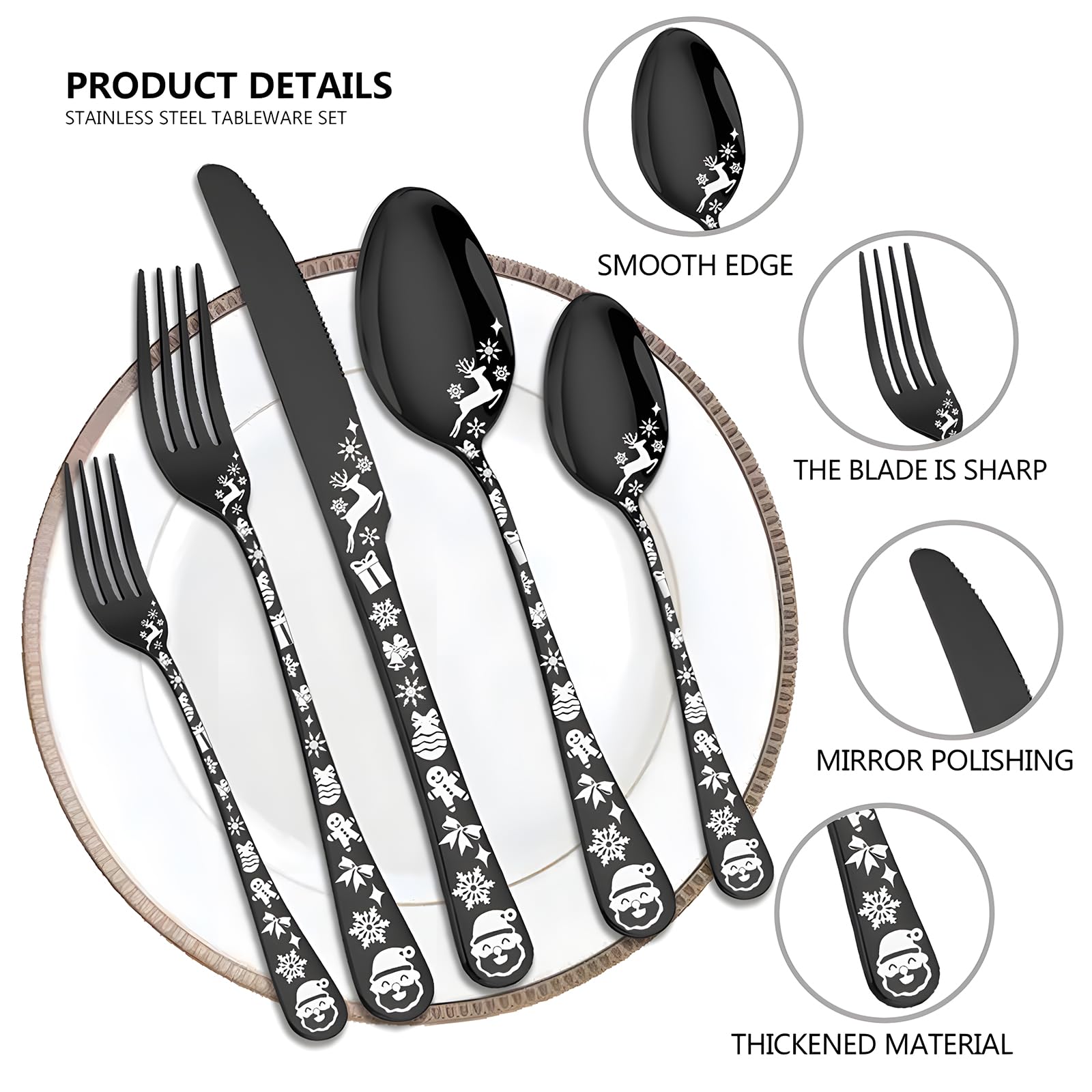 Elegante Juego de Cubiertos de Acero Inoxidable con Diseño Navideño para Uso Doméstico y en Restaurantes (Juego 40 Uds.)