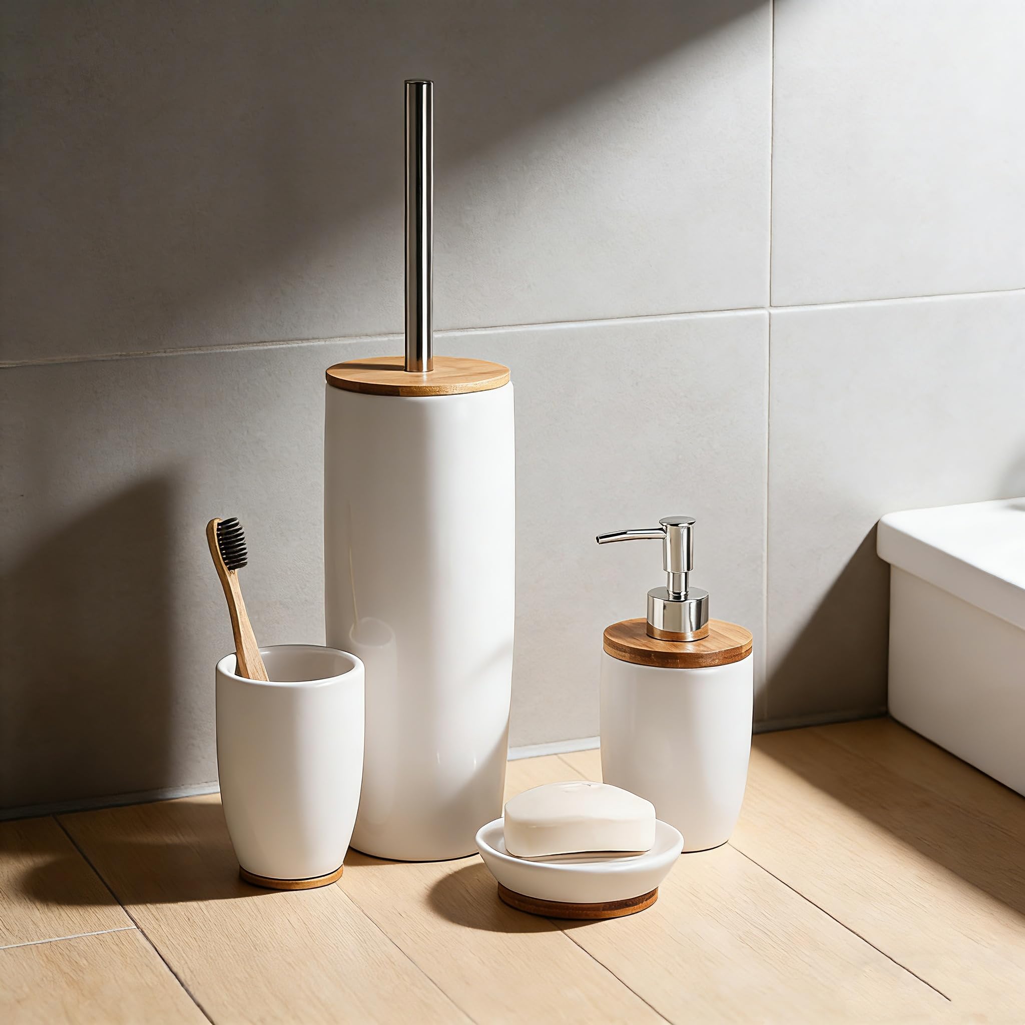 RANNYY Set da Bagno, Set di Accessori per Il Bagno da 4 Pezzi, Tazza per spazzolino da Denti Regalo Impermeabile in bambù per casa Hotel(Bianco
