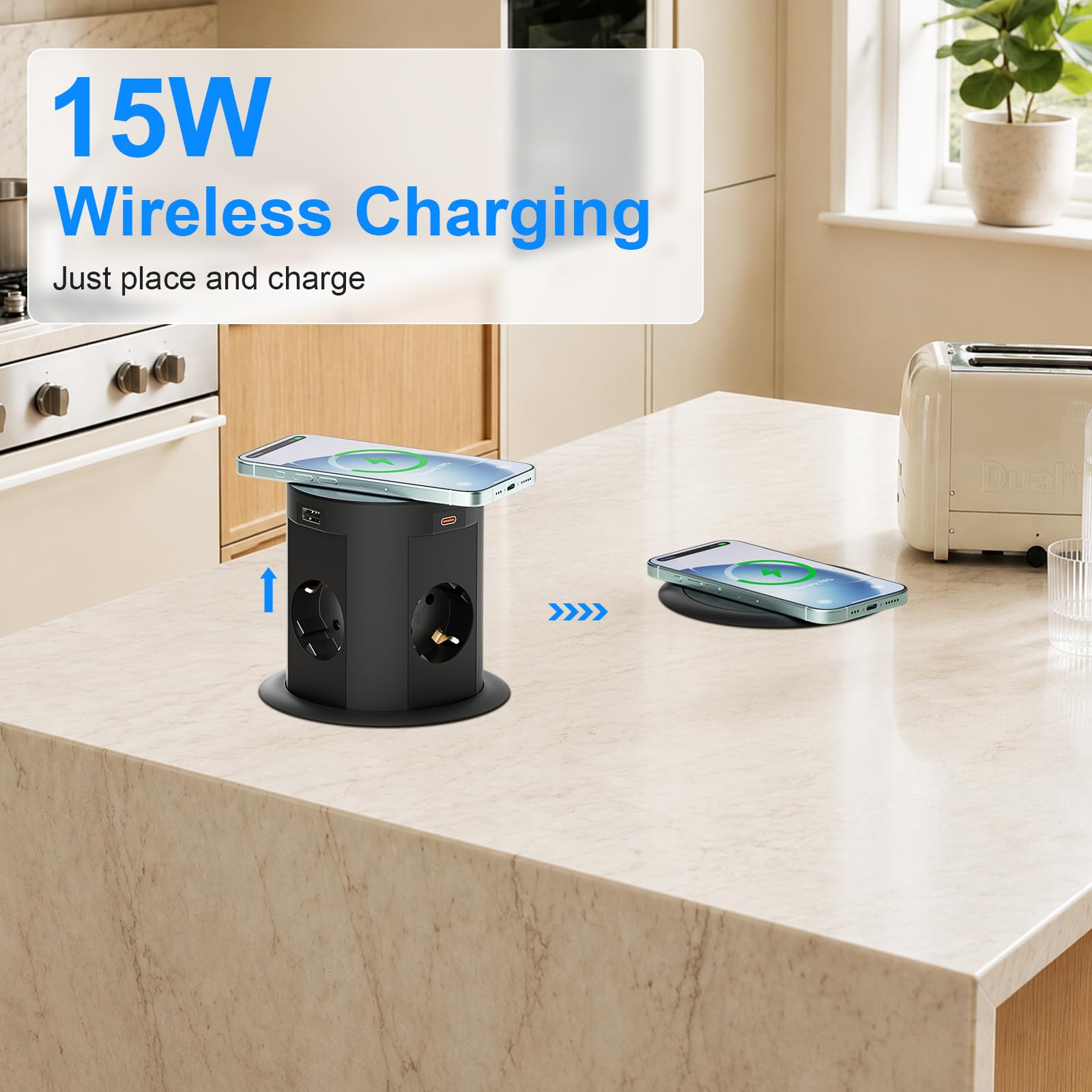 Versenkbare Steckdose mit 2X USB-C bis 65 W, 4-Fach, 15 W Qi-Laden