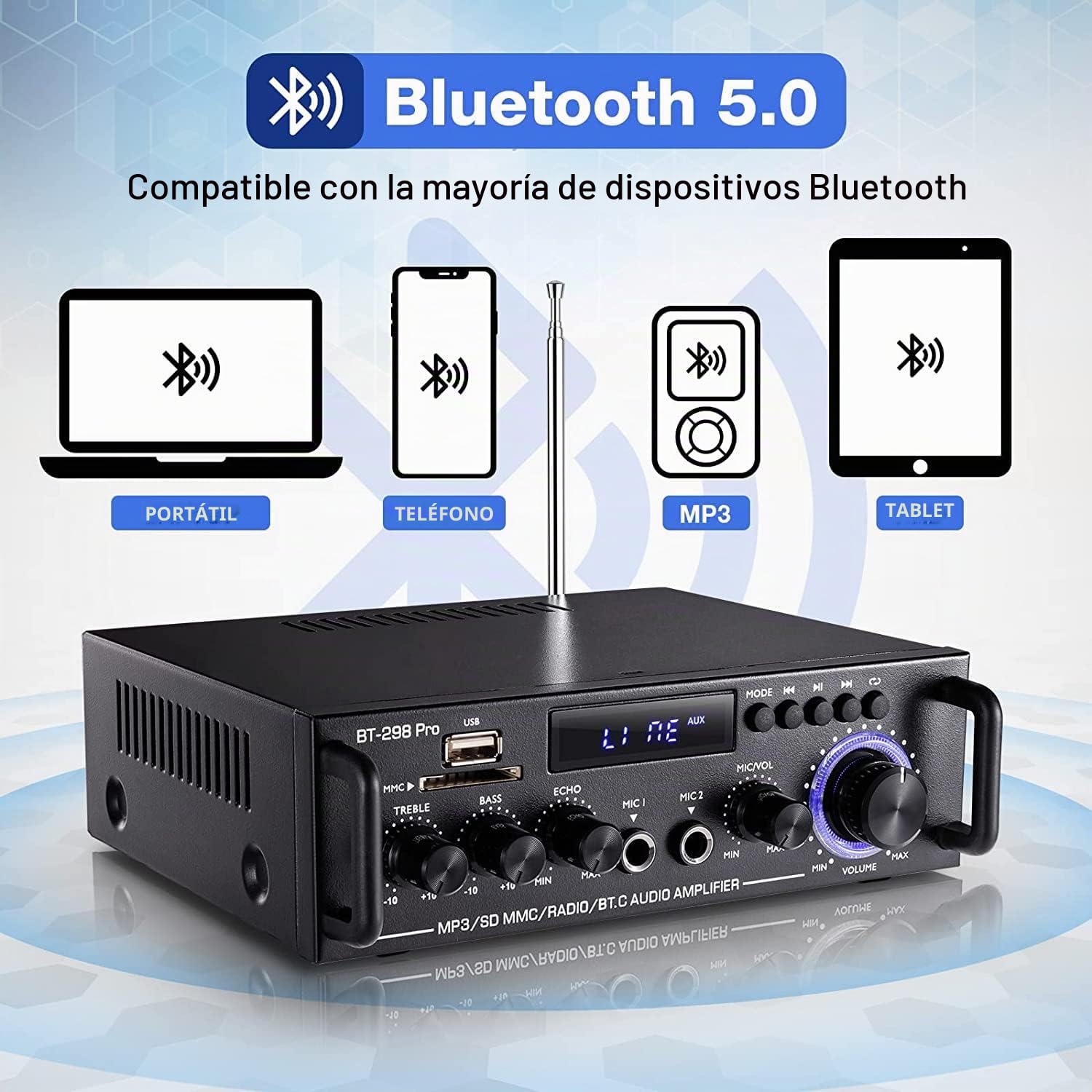 298 Pro Mini Amplificador Bluetooth 5.0, Audio HiFi de 2 Canales, MAX 500 W x 2 RMS, 50 W x 2, Receptor Estéreo Con Altos y Bajos, USB/RCA/Mic/FM