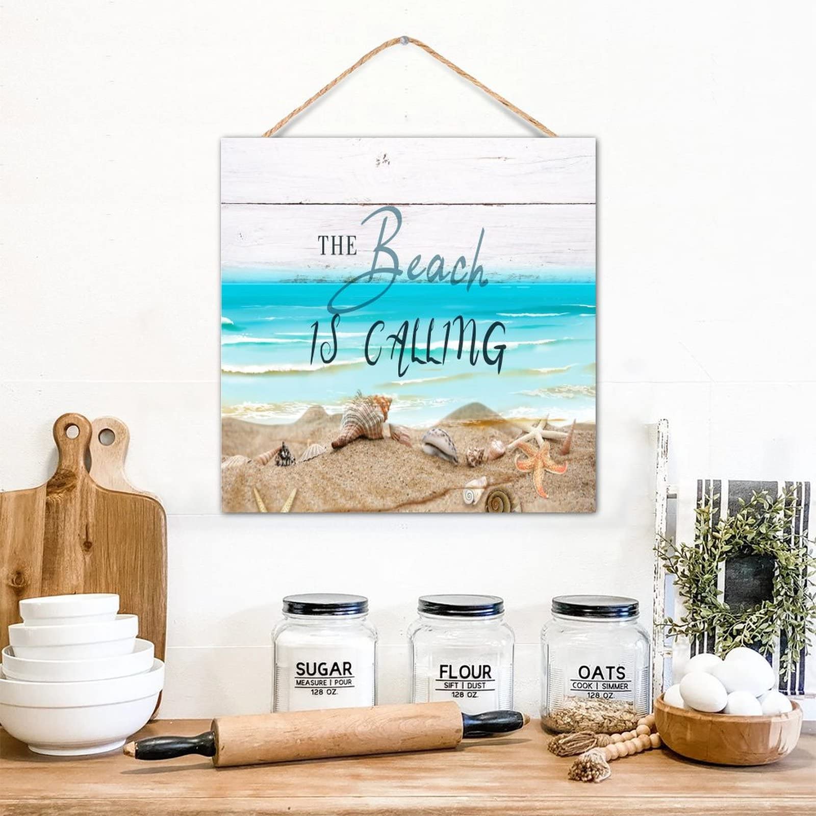 ReWu Targhetta in legno spiaggia targa decorativa decorazione per casa decorazione marittima decorazione parete pesci spiaggia mare estate spiaggia 50 x 28,5 cm